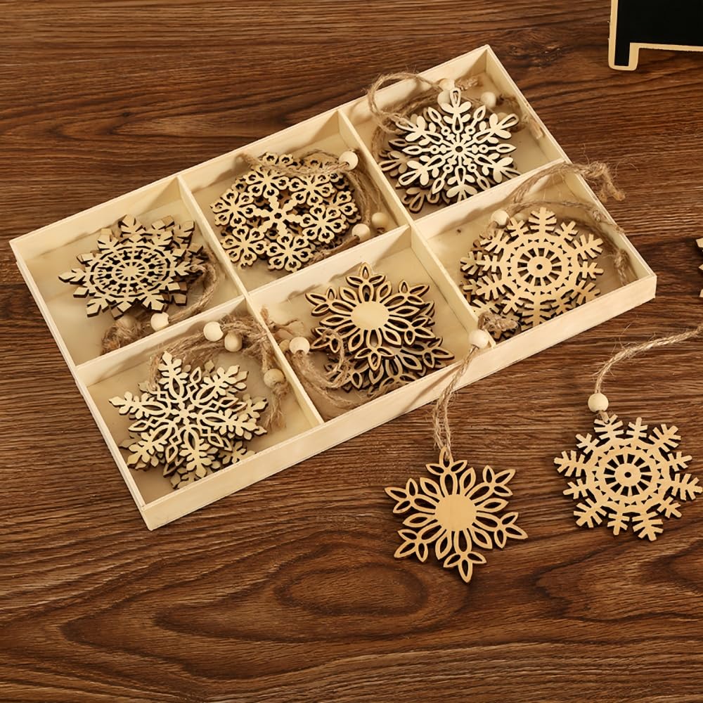 MHwan Adornos Arbol Navidad, 24 Piezas Decoracion Arbol Navidad de Madera Natural, Adornos Navideños de Bricolaje Resistentes y Duraderos, Colorea Ambas Caras para Crear Copos de Nieve Únicos