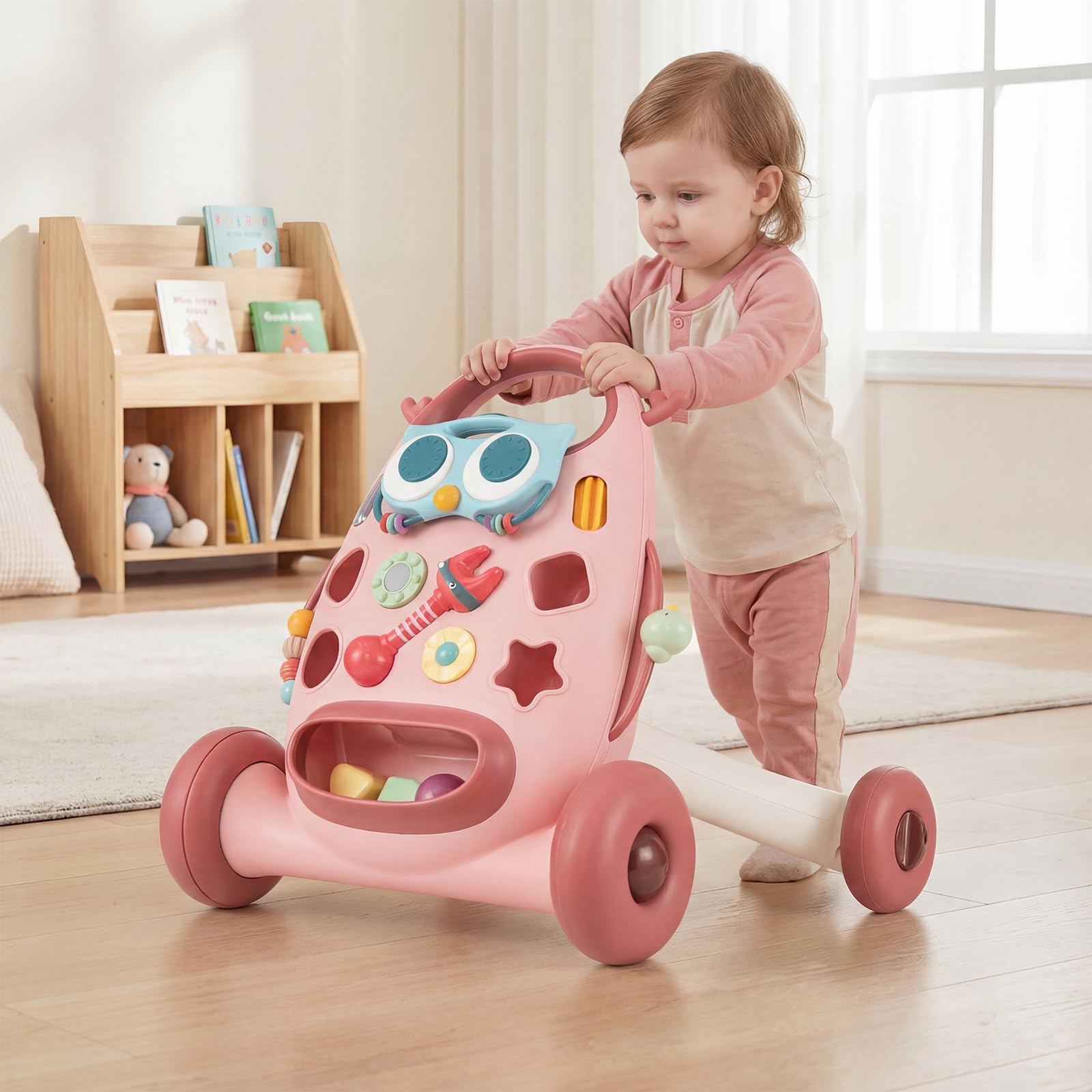 COSTWAY Andador Montessori para Bebés, Correpasillos Educativo con Reproductor Oval Removible y Clasificador de Formas, Maracas y Cuentas, Pájaro Deslizante y 2 Giradores (Rosa)