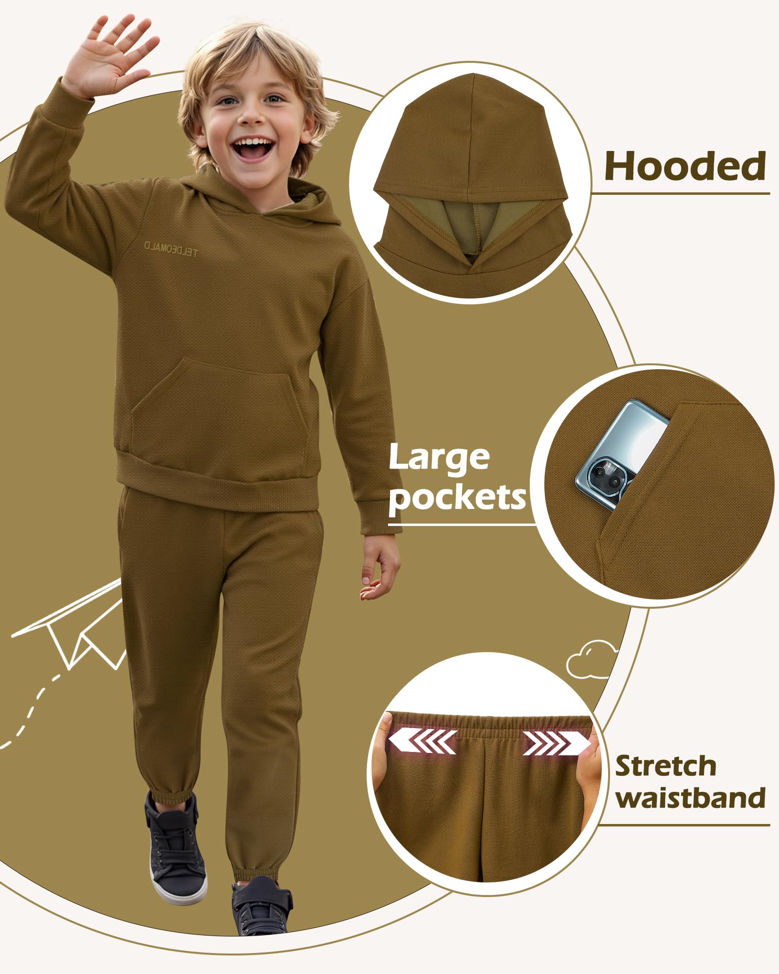 KAKU NANU Kinder Trainingsanzug Jogginganzug Jungen Sportanzug Kapuzenpullover und Jogginghose,Bund mit Gummizug und großen Taschen Grau/Braun,Größen 104-158