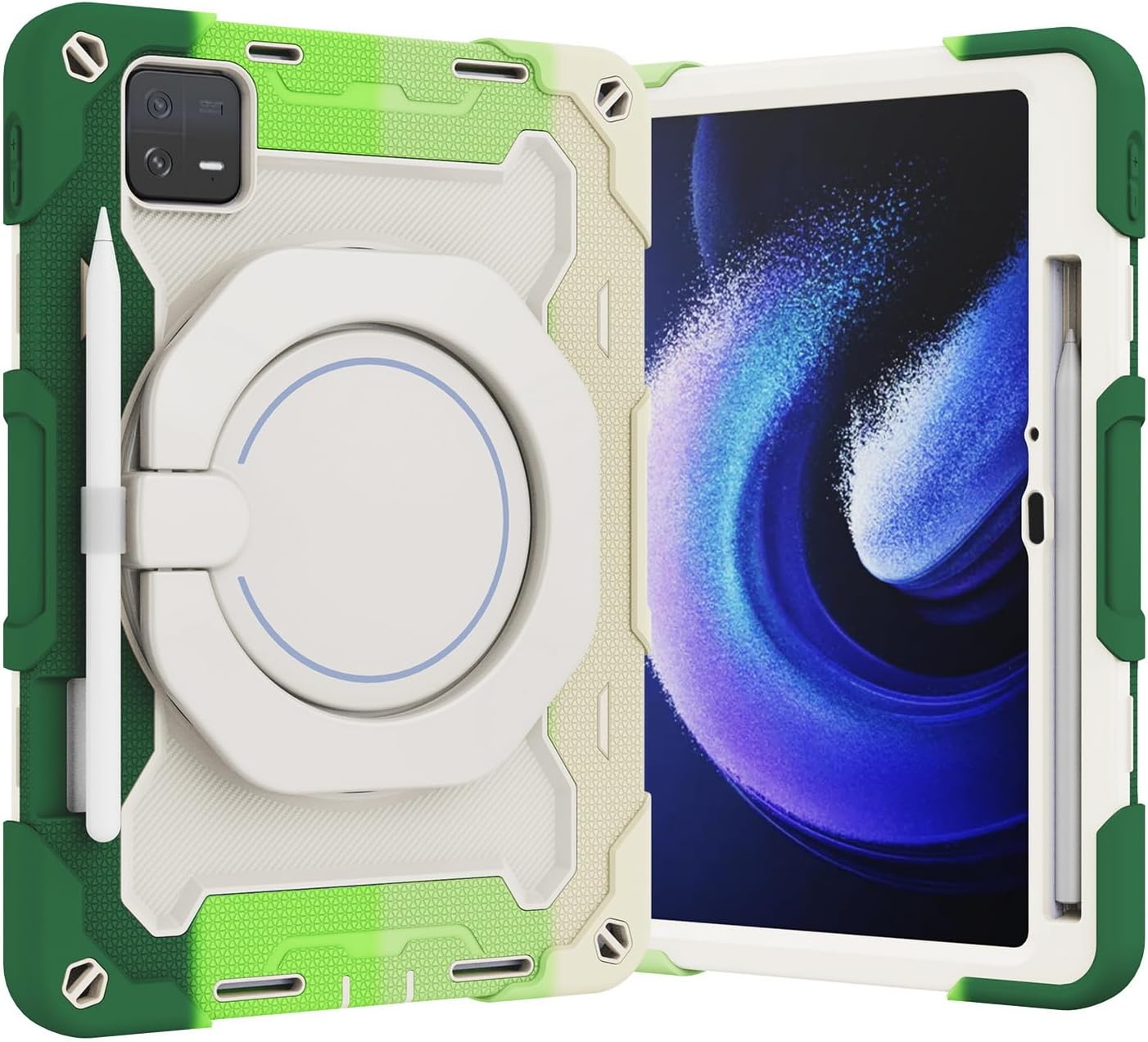 Case for Xiaomi Pad 6 / Pad 6 Pro 11.0 inch, PC + Silicone 3-Layers Combo Armor Heavy Duty Shockproof Cover with 360° Rotating Ring Stand -Rainbow Green