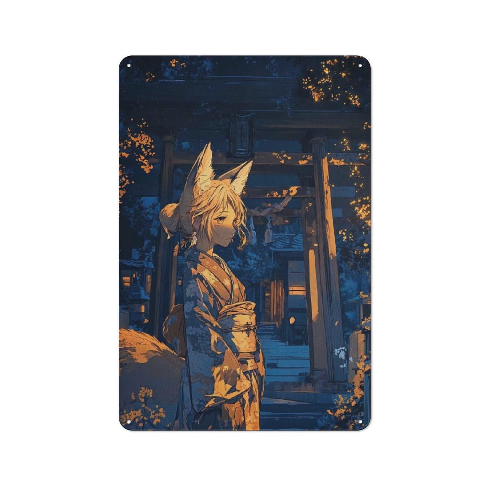 Junmoney Girls Style-3 Fox In Kimono Shed Style Metal Wall Decor 30X20cm, Tin Sign For Conservatory, Home Bar Or Utility Room