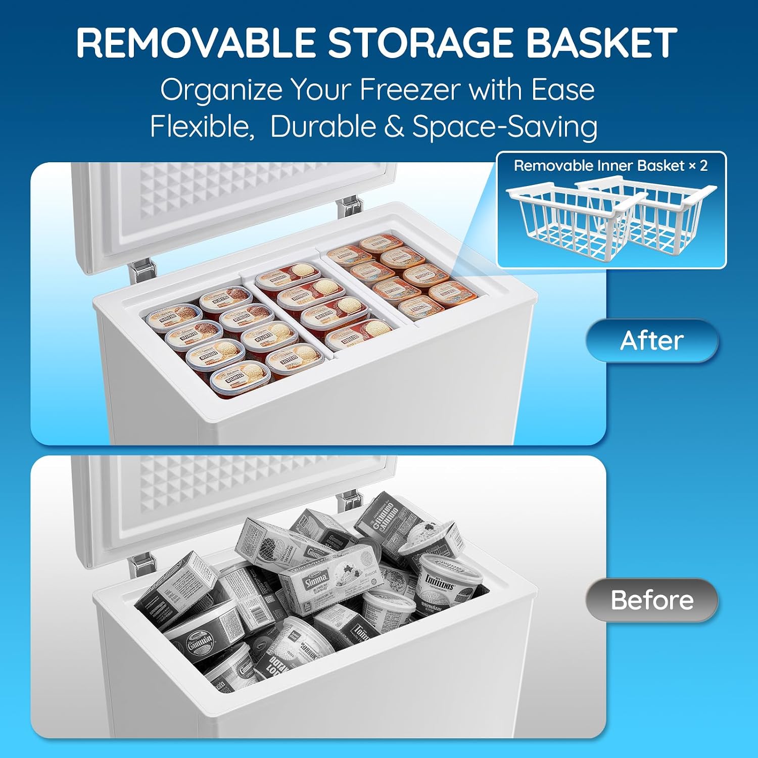 4.5 Cu.ft Chest Freezer Mini freezer with Removable Basket 90L Capacity Storage Knob Temperature Control White