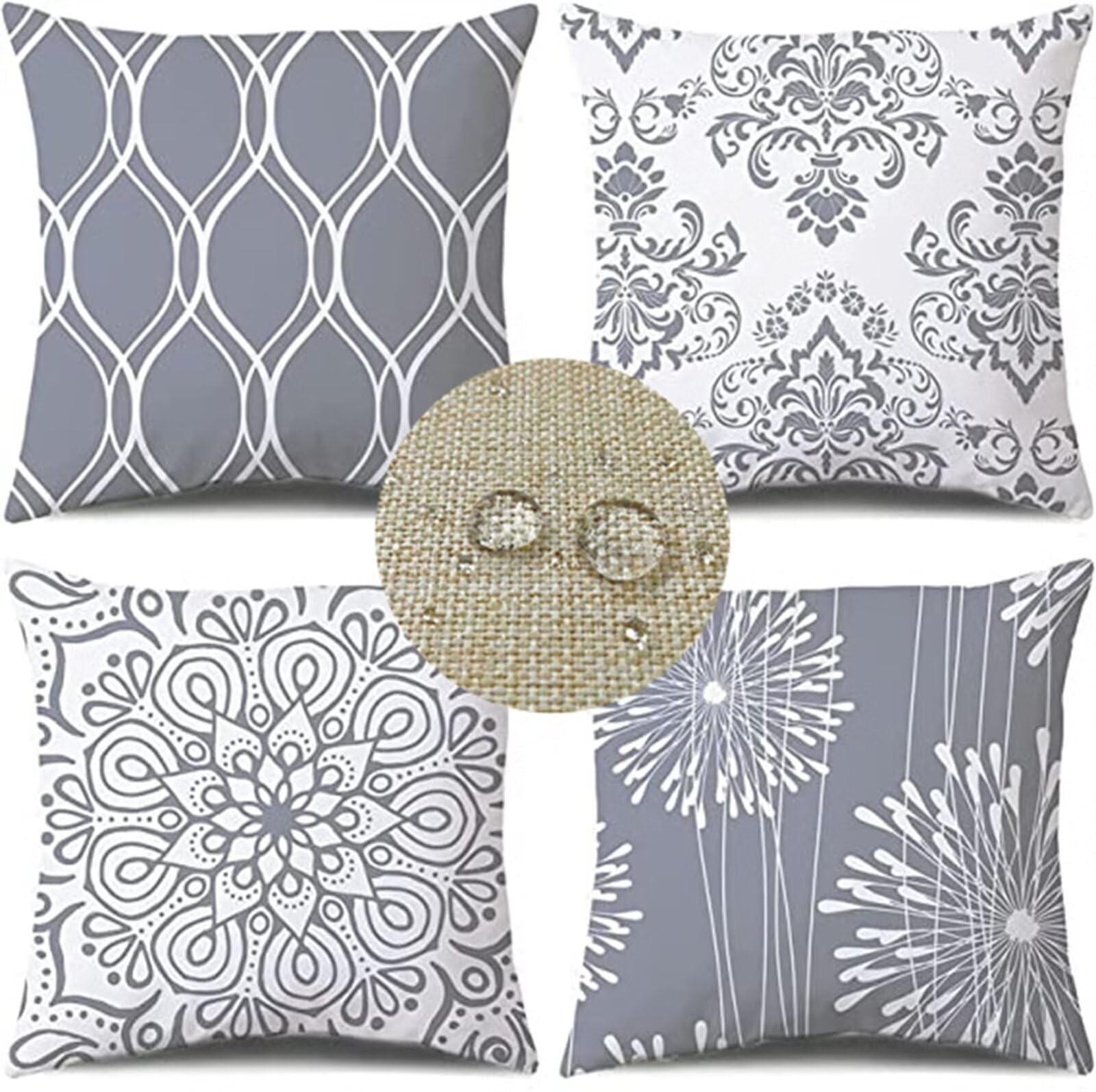 Federe per Cuscini Divano 65x65cm Fiore semplice Copricuscini Impermeabile Lino Esterni Bianco grigio Doppio lato Moderni Federe Divano Decorativi, per Patio Letto Giardino Fattoria Set di 4 A-1461