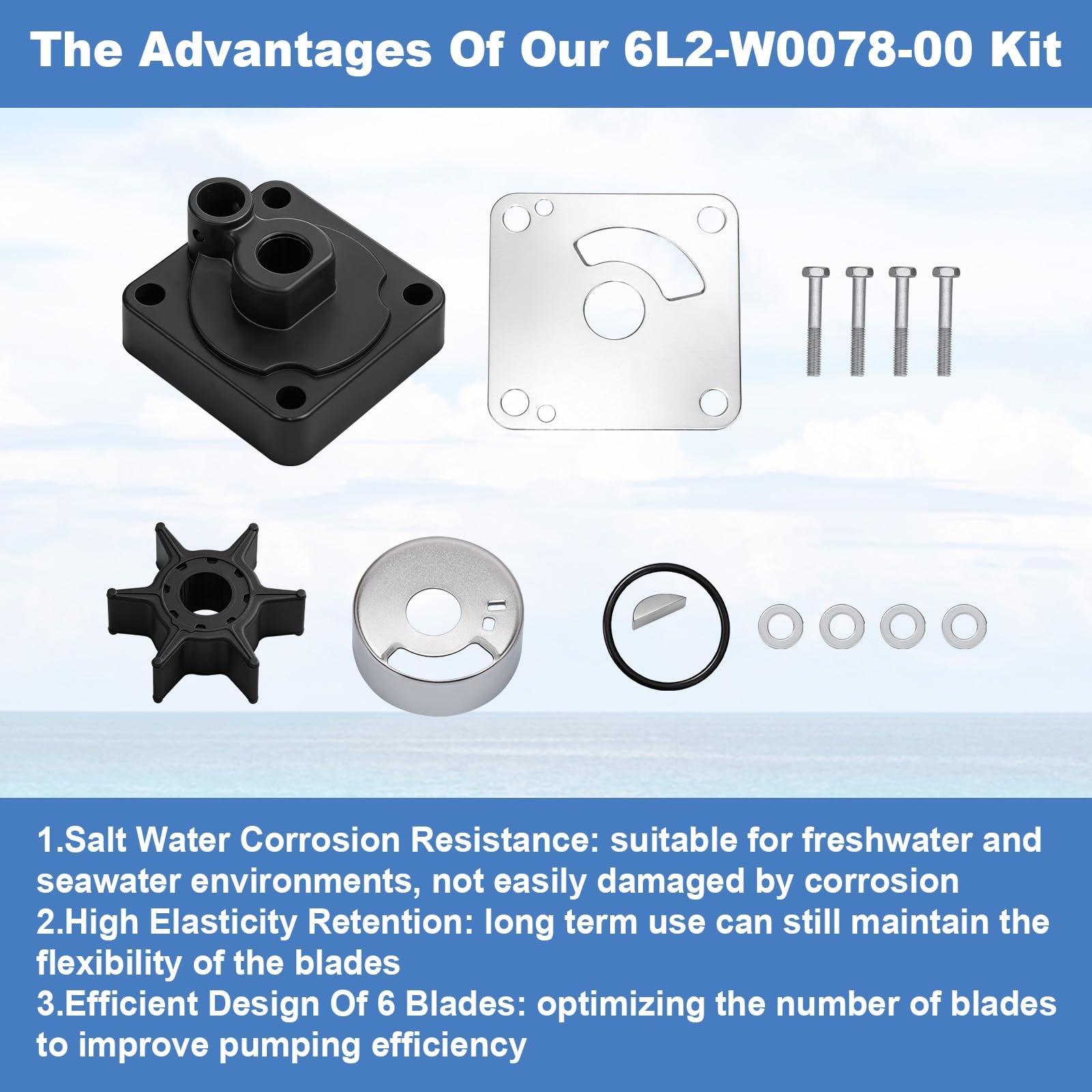 6L2-W0078-00 Kit de reparación de bomba de agua con carcasa, compatible con Yamaha Outboard de 2 tiempos 20HP 25HP, kit de impulsor de bomba de agua de motor de barco, sustituye a 6L2-W0078-00-00