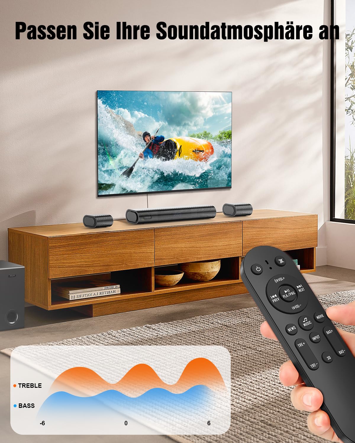 Hiwill 4.1ch Soundbar mit Dolby Atmos, 300W Soundbar für TV Geräte mit Subwoofer, 2 Front-Surround-Lautsprecher, HDMI eARC, Höhen und Bässe einstellbar, Surround-Sound für TV, HiElite A41