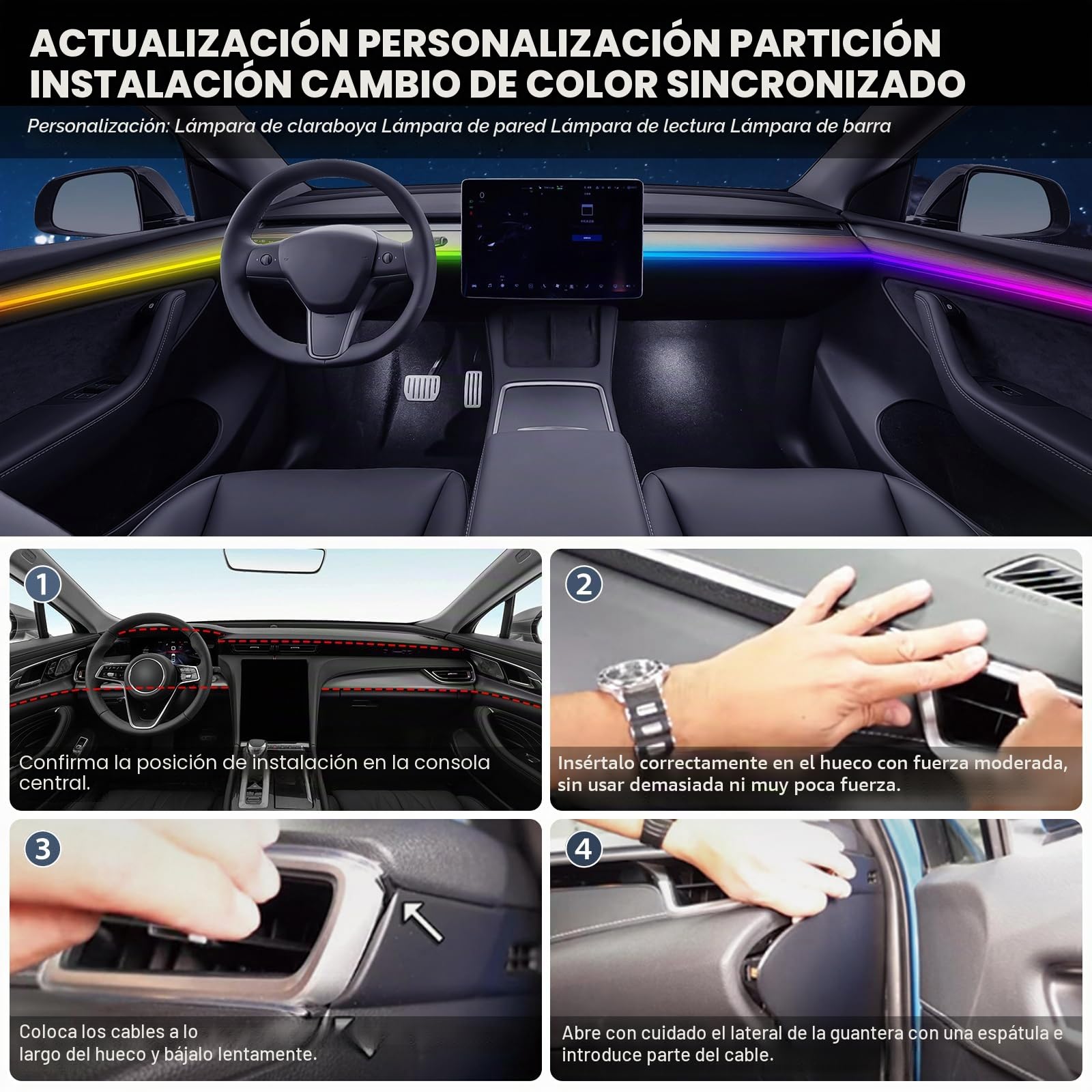 Tira de luces LED de acrílico Dreamcolor para Tesla Model 3/Y con hub USB, kits de iluminación ambiental de fibra óptica de 55.1 pulgadas, colores RGB+IC, tira LED de neón activo para 2021, 2022, 2023