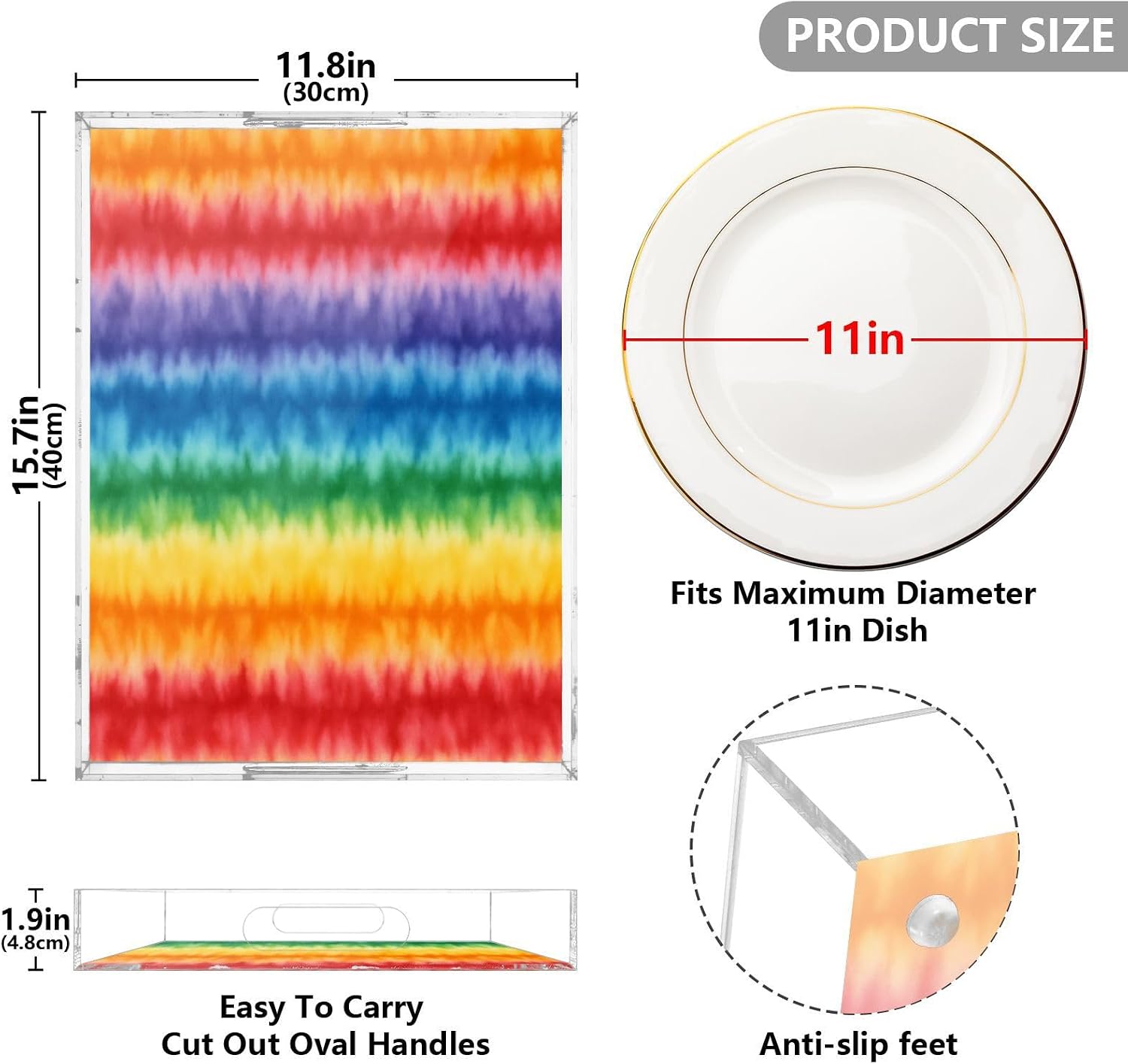 Rainbow Tie Dye Serving Tray, Decorative Ottoman Trays with Handles for Breakfast, Coffee Table, Dining Room, Party - 16" x 12"