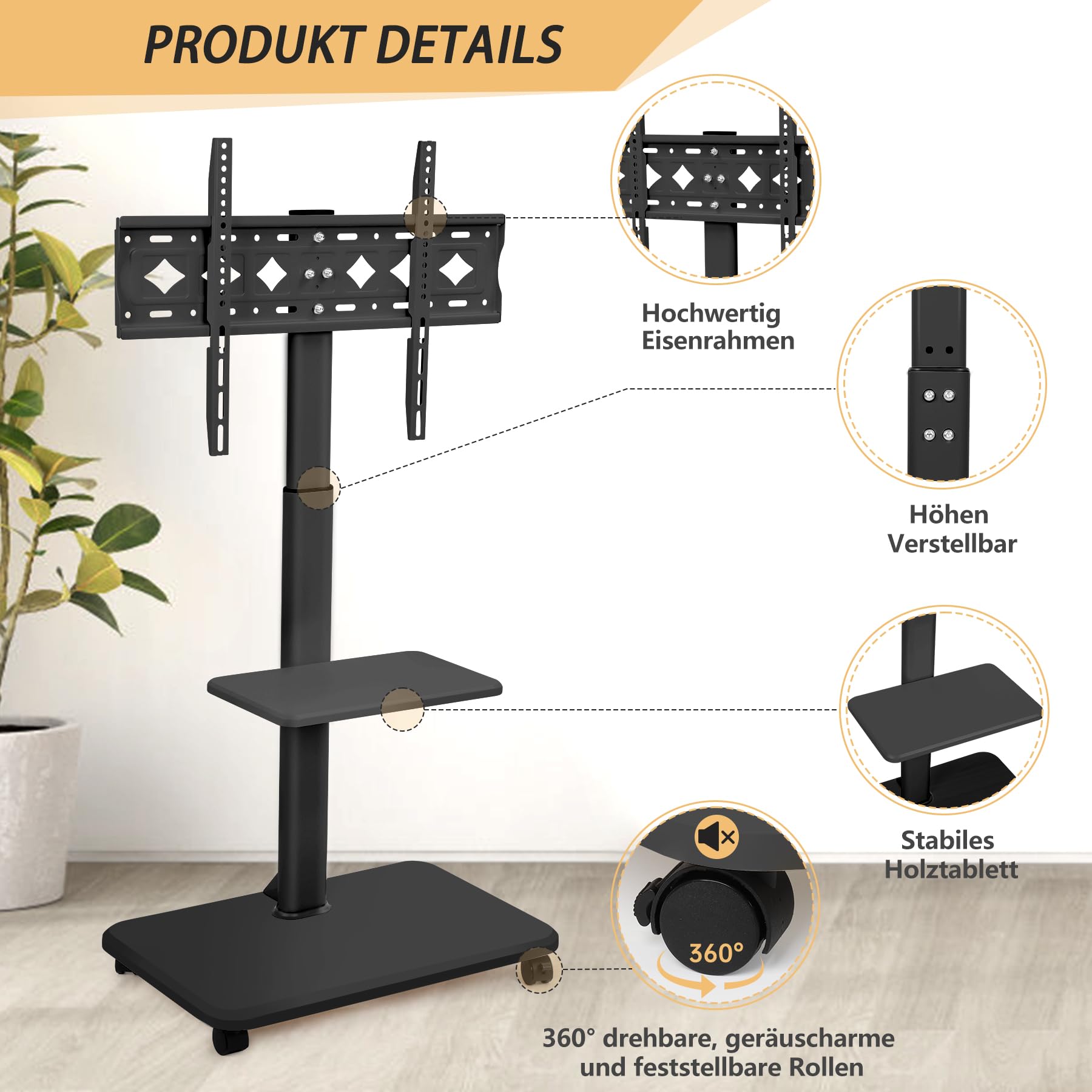 Rollender TV-Ständer für 32-70 Zoll, Flache, Gebogene LED-Bildschirme, LCD-OLED-Bildschirme, bis zu 50kg, höhenverstellbar, mobiler TV-Wagen mit abschließbaren Rädern