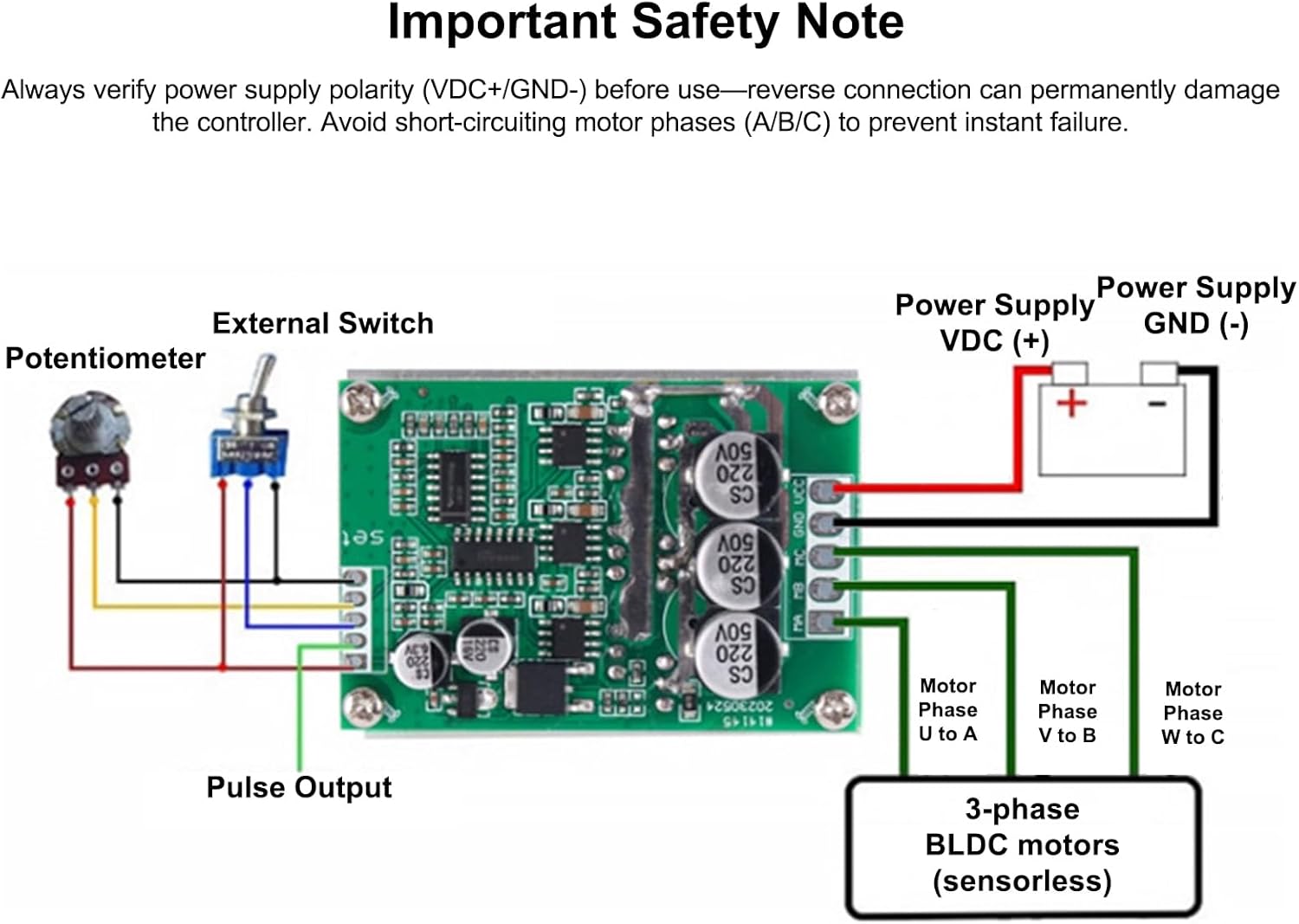 DC 12V-36V 15A 500W Sensorless BLDC Motor Drive Controller, with Heat Sink, for 3-Phase Motor, Speed & Direction Control, Not Included Potentiometer and Enclosure