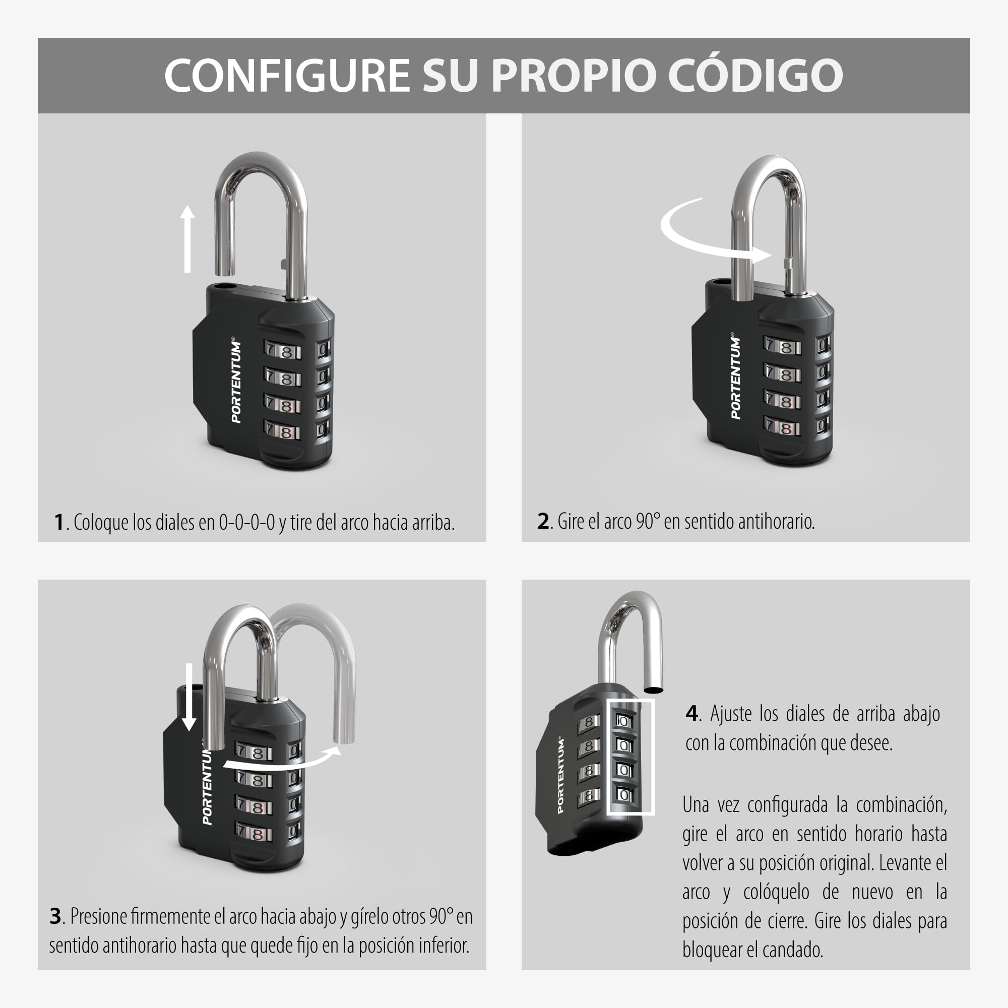 PORTENTUM Candado combinacion 4 dígitos reajustable – Caja de 20 candados en 10 packs de 2 – Candado taquilla gimnasio con arco de acero – Candado exterior negro para armarios vallas y trasteros