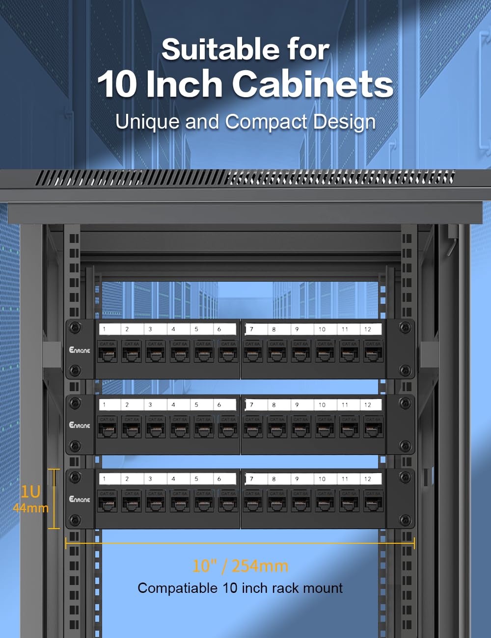Panneau de brassage 1U 12 ports Cat6a Keystone Panneau de brassage réseau blindé avec câble intelligent (pas d'attache de câble nécessaire) Gestion pour rack de 25,4 cm