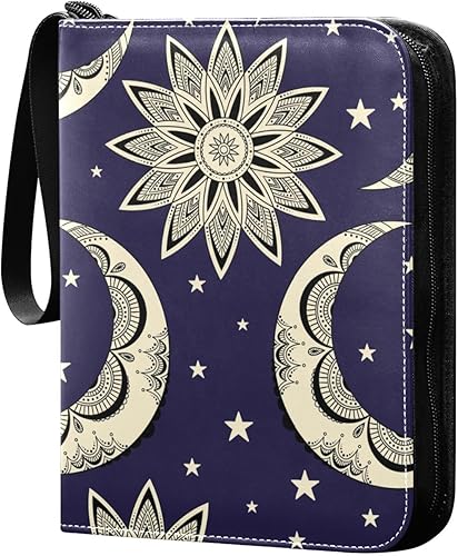 Carpeta de tarjetas coleccionables estilo bohemio vintage con diseño de luna, sol y estrellas, 4 bolsillos con 50 fundas extraíbles, carpeta de