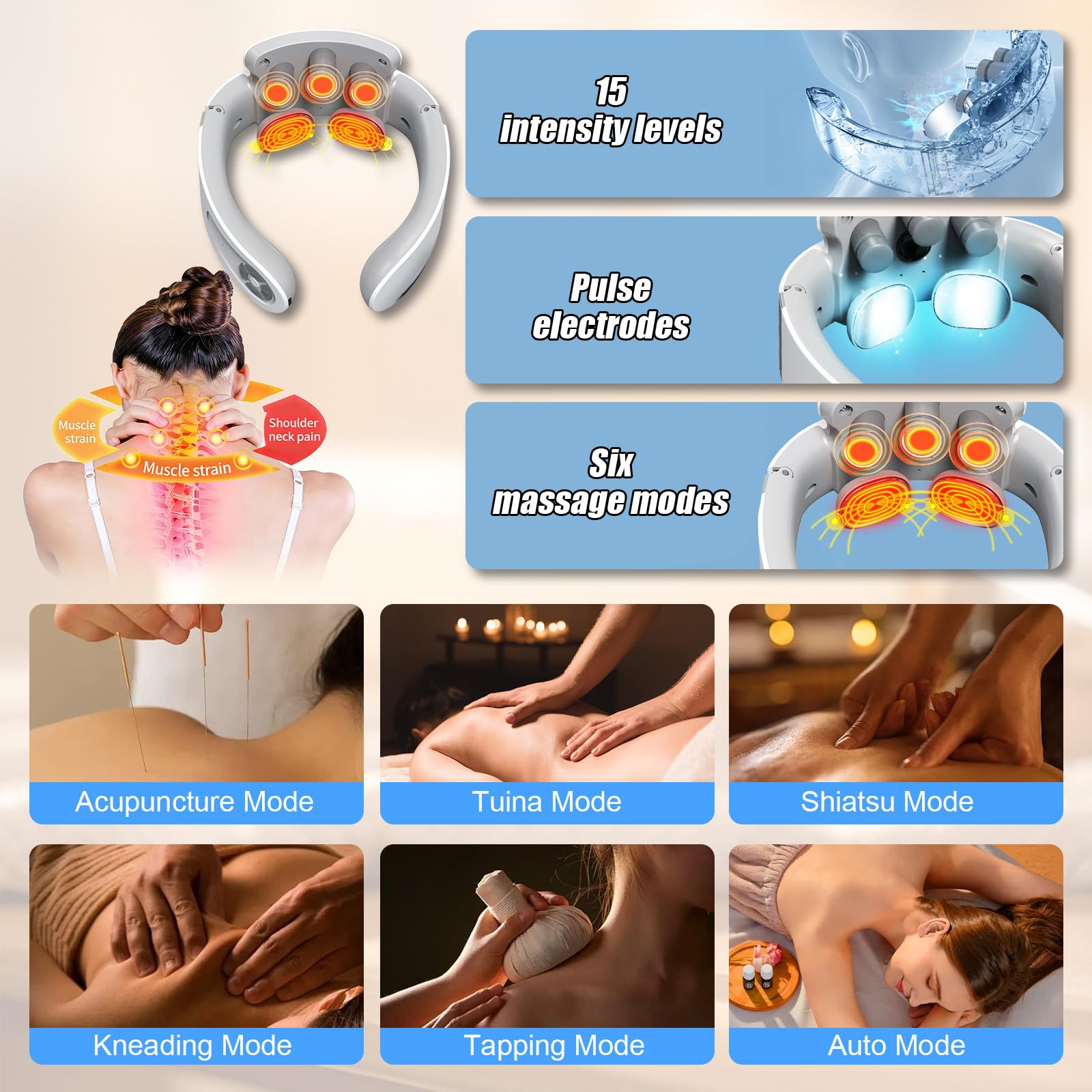 Masseur Cervical, Massage Cou Portable Vocale Intelligente avec Thérapie Thermique à 42°C, 6 Modes 15 Intensités, Masseur électrique à impulsions cervicales pour Bureau, Maison, Voyage