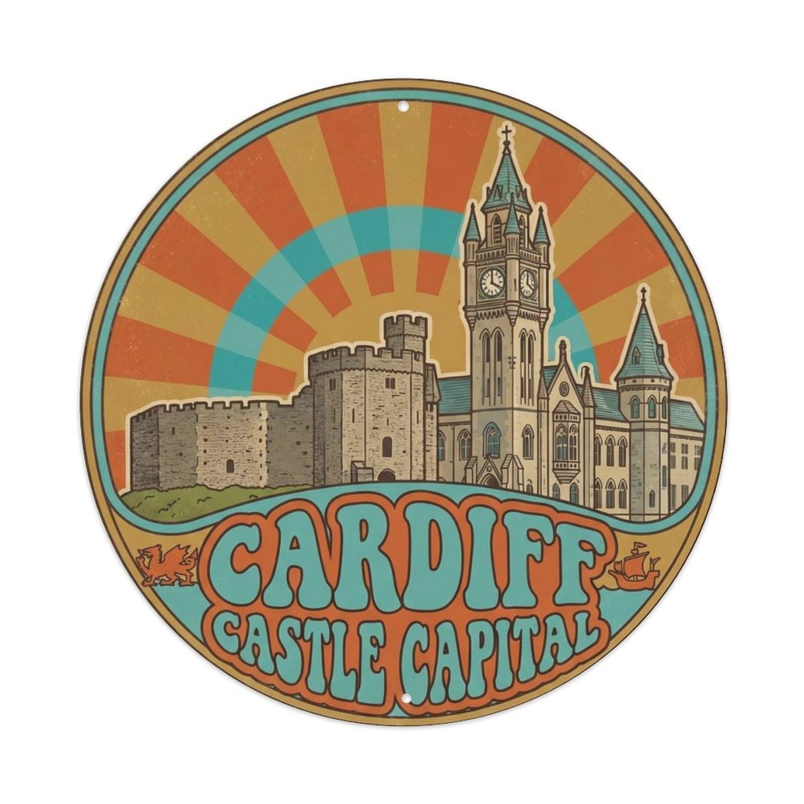 Castle Welsh Kitchen Fortress Metal Tin Sign Plaque Wall Decor for Cafe, Club Bar, Office, Home Garden Round Metal Poster 8x8Inch