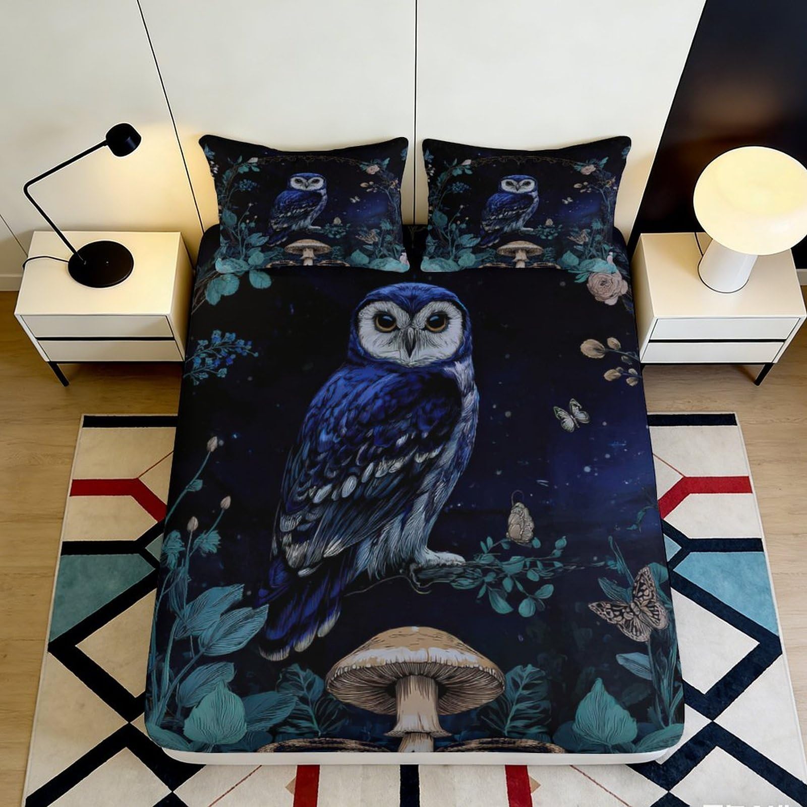 3D Printed Owl Forest Microfiber Fitted Sheet Deep Pocket Non-Slip Bedding Set Owl Mattress Fitted Cover Washable for Home Bedroom 200x200x25cm