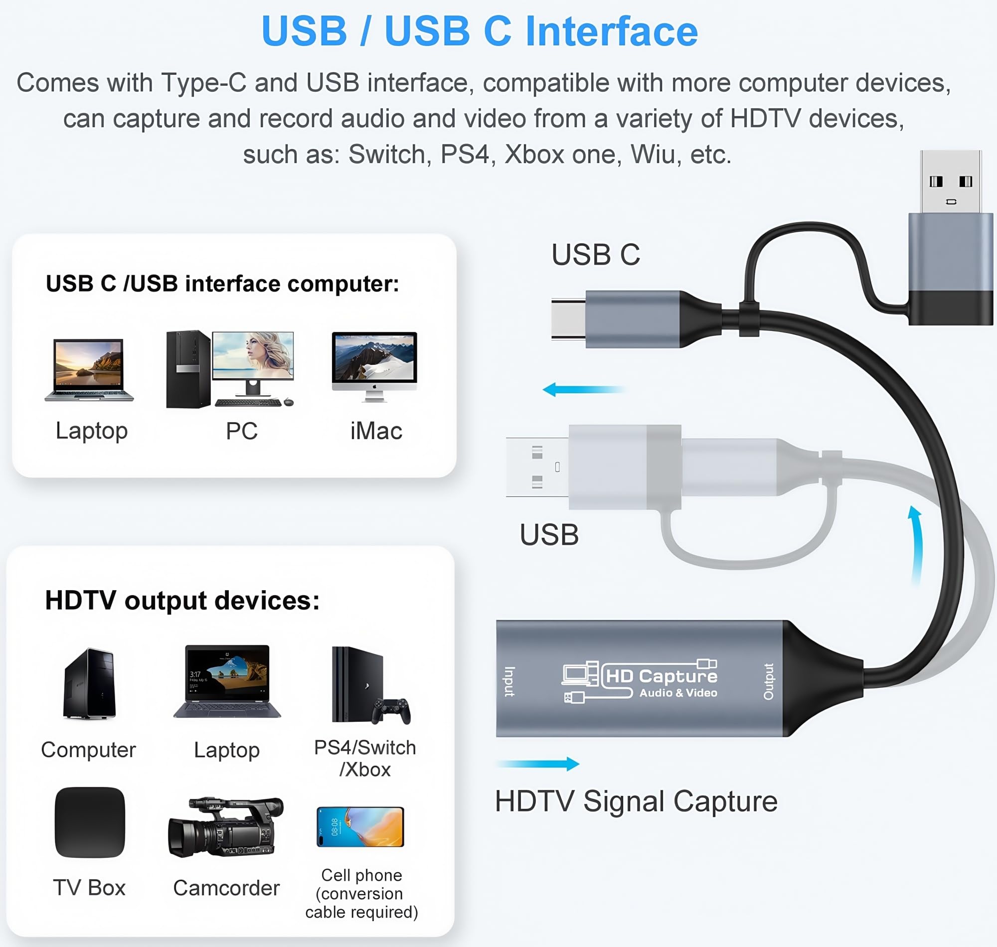 Tarjeta de captura de video, tarjeta de captura HDMI a USB/USB-C para transmisión, dispositivo de captura de video 1080P 60fps para grabación de juegos, compatible con Windows, Quest 3, Switch, OBS