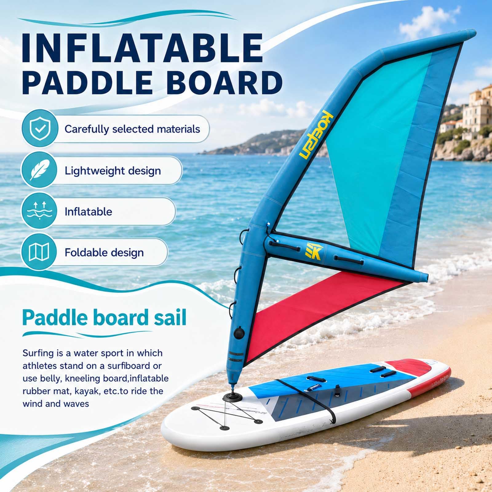 Vela Da Windsurf, Vela Gonfiabile Portatile Per Tavola Da Stand Up Paddle Con Base Girevole A 360° | Finestra Di Sicurezza | Zaino | Tessuto In Pvc Oxford Per Windsurf, Avventura, 4,3 M