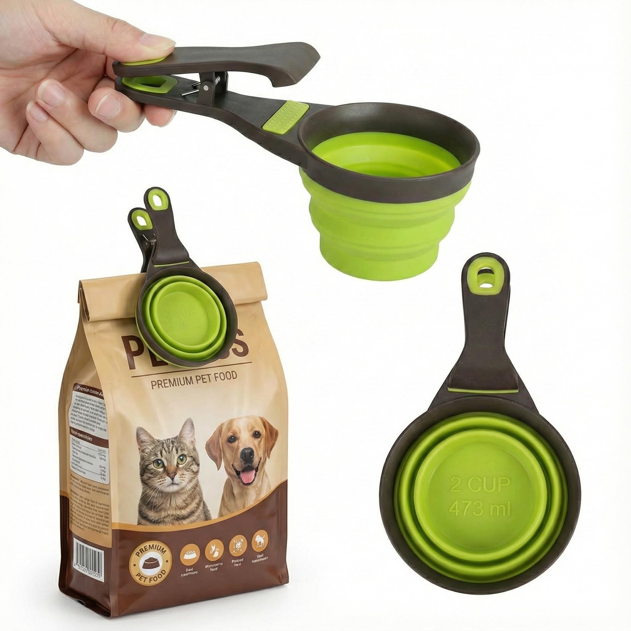 Silicone Pet Food Scoop with Clip - Foldable, Dishwasher Safe, Non-Toxic, Easy to Wash - Attach to Food Bags for your Dog, Cat or Pet, Space-Saving Design and Collapsible
