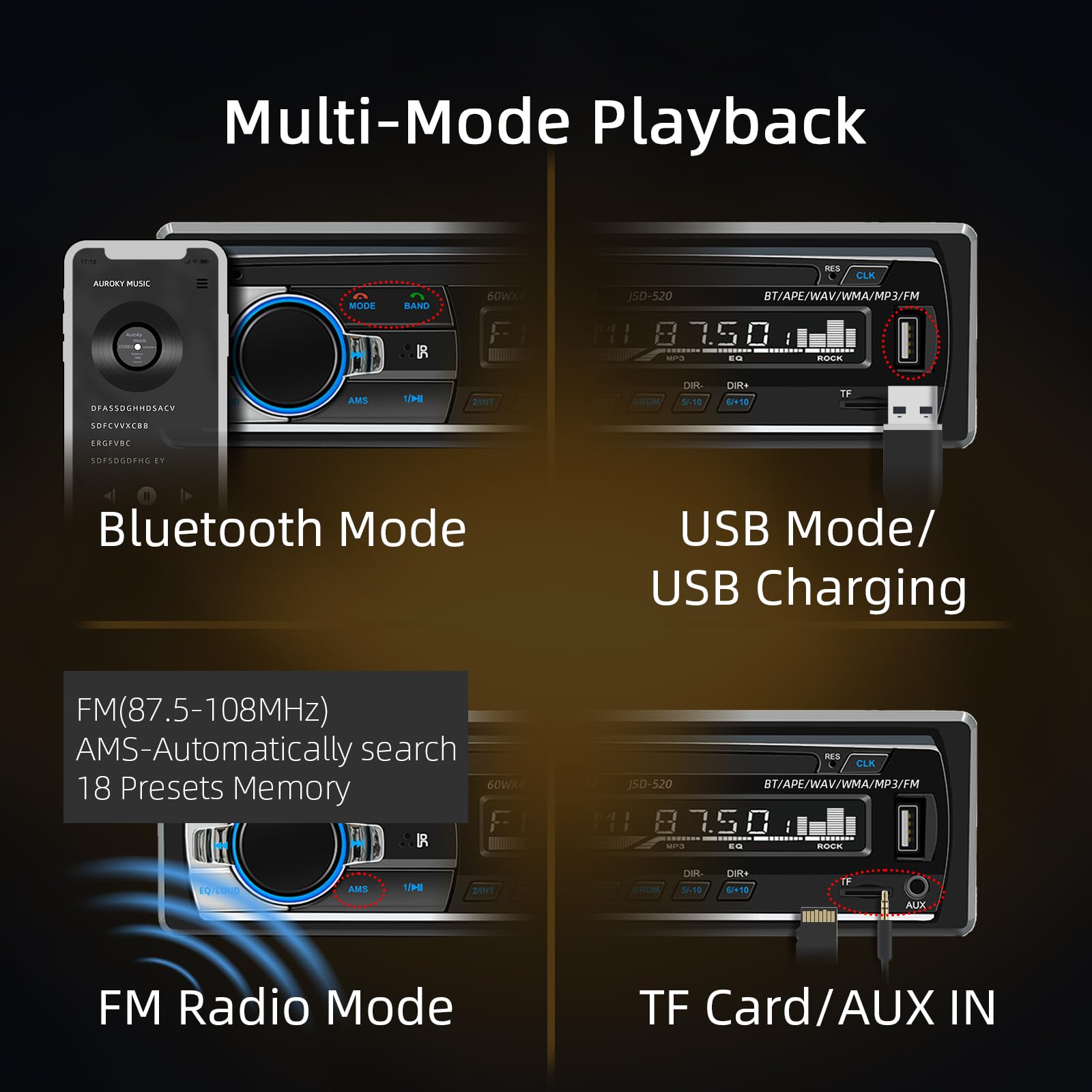 JSD-520 - Reproductor de audio estéreo para coche, MP3, Bluetooth, manos libres, receptor de radio FM, carga USB/AUX/TF, sin reproductor de CD