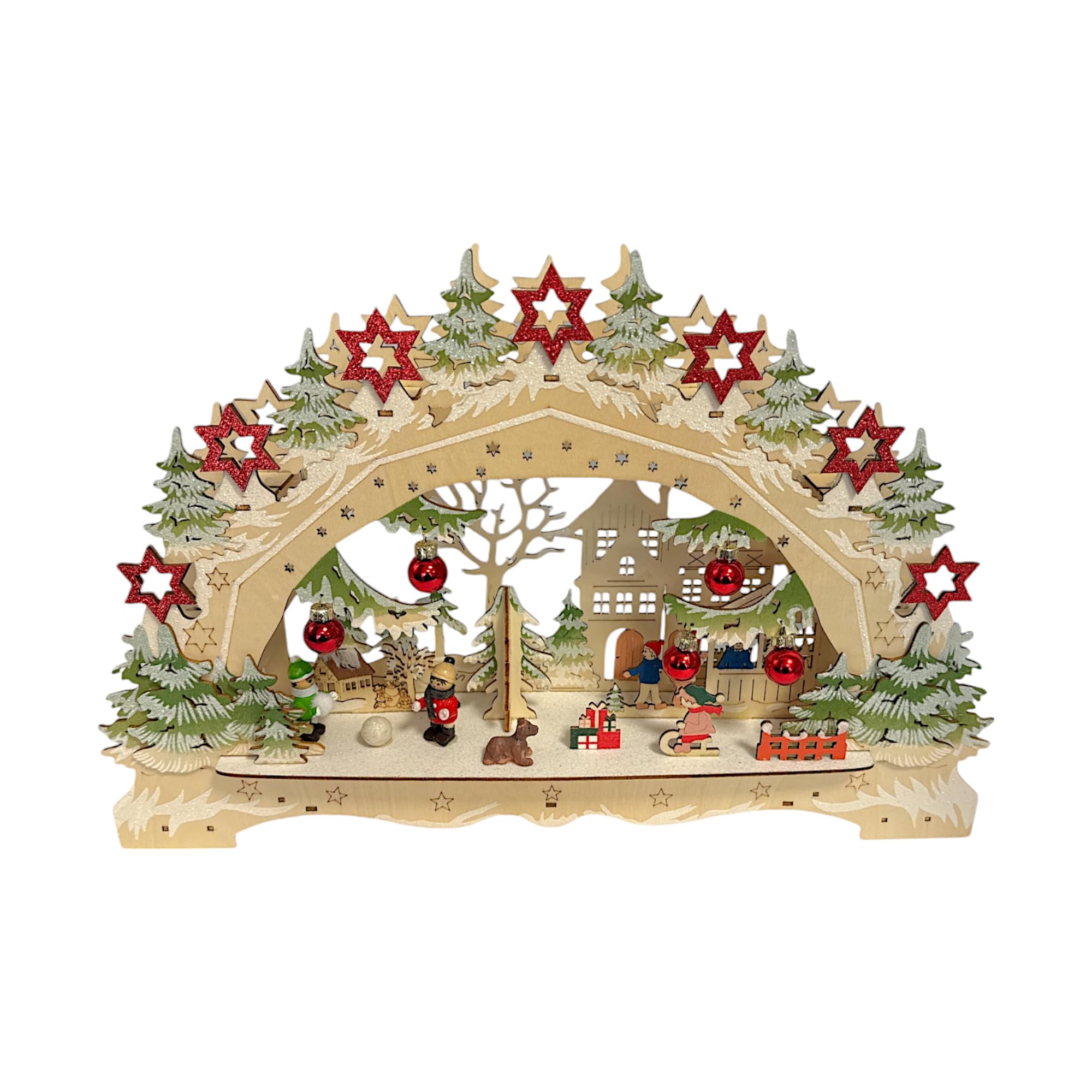 Wichtelstube-Kollektion LED Schwibbogen Weihnachtsmarkt Lichterbogen Weihnachten beidseitig bemalt Schwippbogen Echtholz batteriebetrieben mit integrierten Timer 45cm