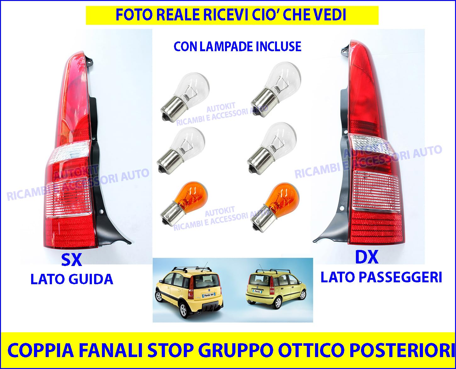 Generico COPPIA Fanale FANALINI Stop Gruppo Ottico Posteriori Corpo Nero DX -SX lato Guida e Passeggeri Completo di Lampade Specifici per Panda modello 169 prodotte dal 2003 al 2011-504100-504110