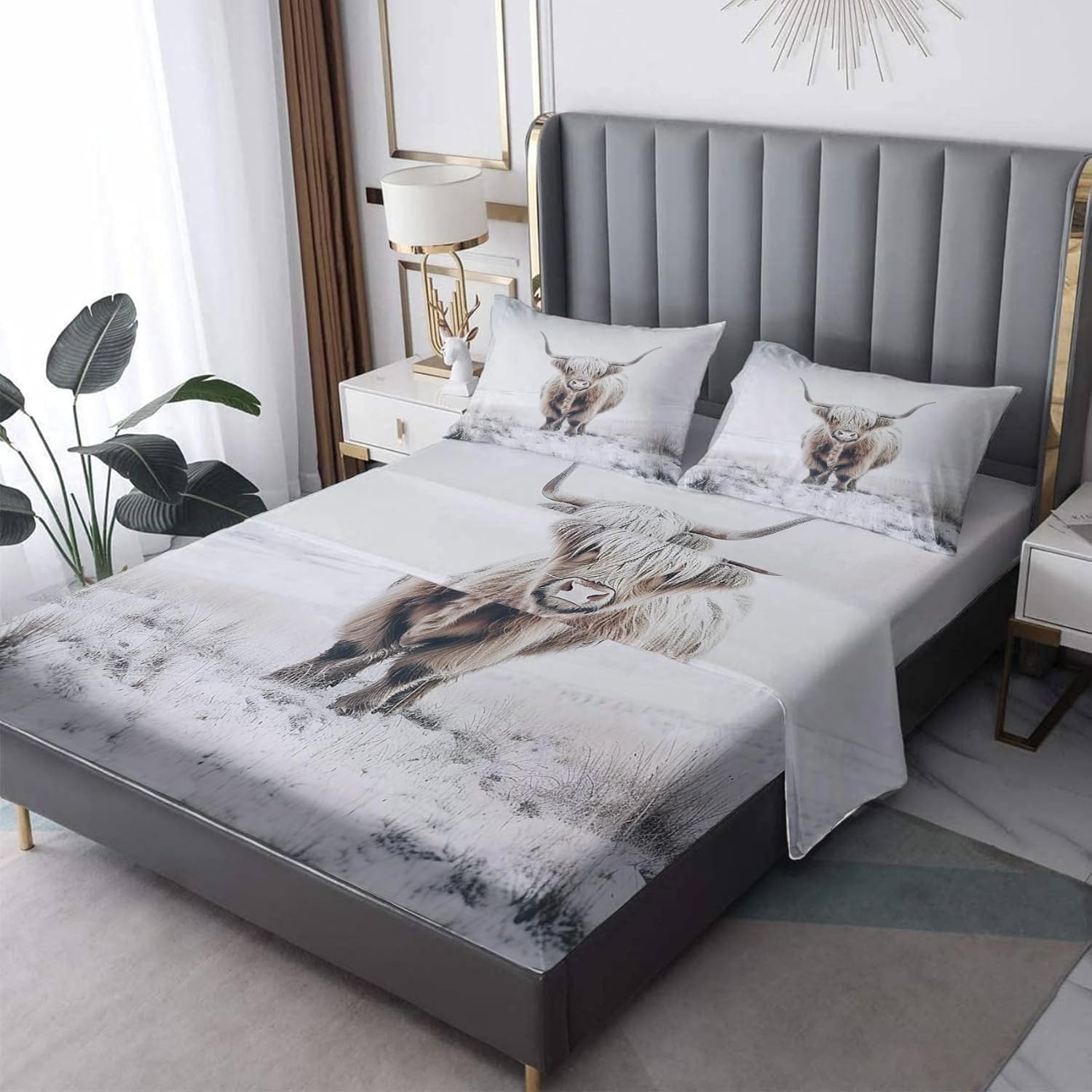 NOGAWA Bison Sheets Twin Size, Cattle Bull Bed Sheets, American Western Bedding Sheets & Pillowcases 3 Piece Set - Microfiber Deep Pocket Fitted Sheet & Flat Sheet & Pillow Case