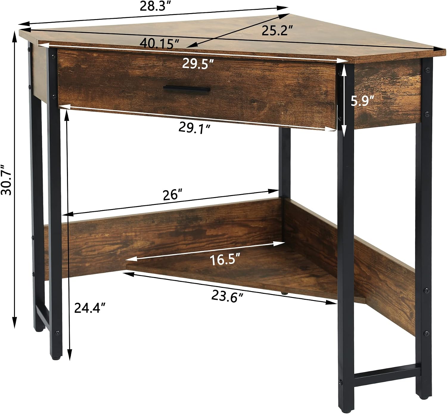 windaze Small Corner Desk Table, Rustic Wood Corner Vanity Desk with Storage Drawer, 90 Degrees Computer Corner Desk for Small Space Bedroom Home Office Brown