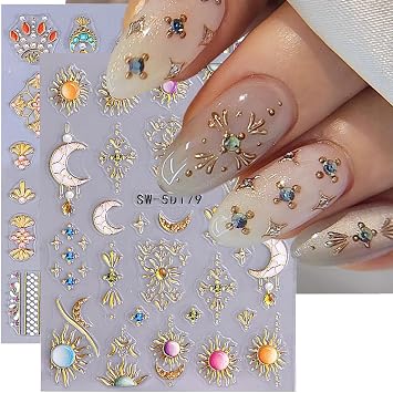 2 Sheets Gold Sun Moon Nail Stickers Bohemian Nail Decals Embossed Star Nail Art Stickers 5D Self-Adhesive Bohemia Nail Decals Stars Nail Decoration for Women Girls DIY Manicure Decor