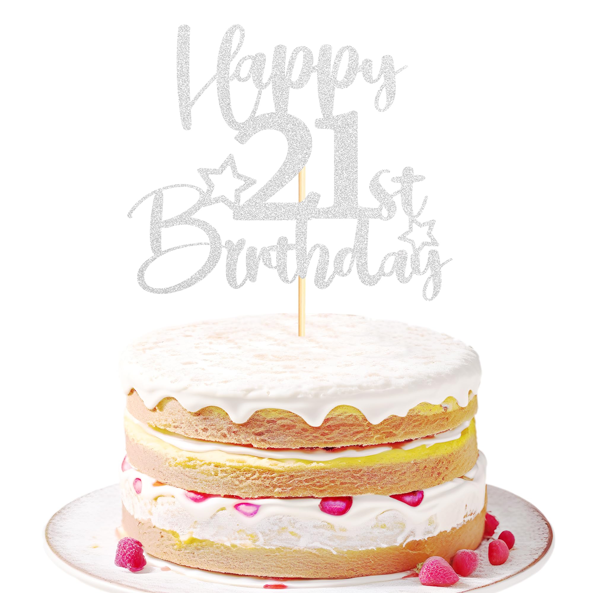 Sotpot 1 Pack 21st Birthday Cake Topper Double-sided Silver Glitter Cake Topper with Star Pattern Cake Decoration for Happy 21st Birthday Party Cake
