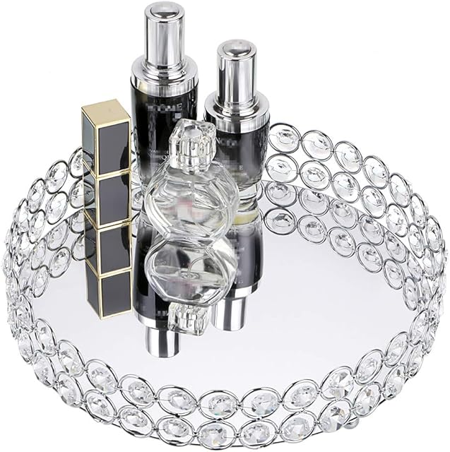 SUMTREE Crystal Cosmetic Makeup Tray Jewelry Trinket Tray Organizer Vanity Tray Mirrored Decorative Tray for Christmas Brithday Gift Dressing Table Bathroom Wedding Decoration (Silver, Round, 25CM)