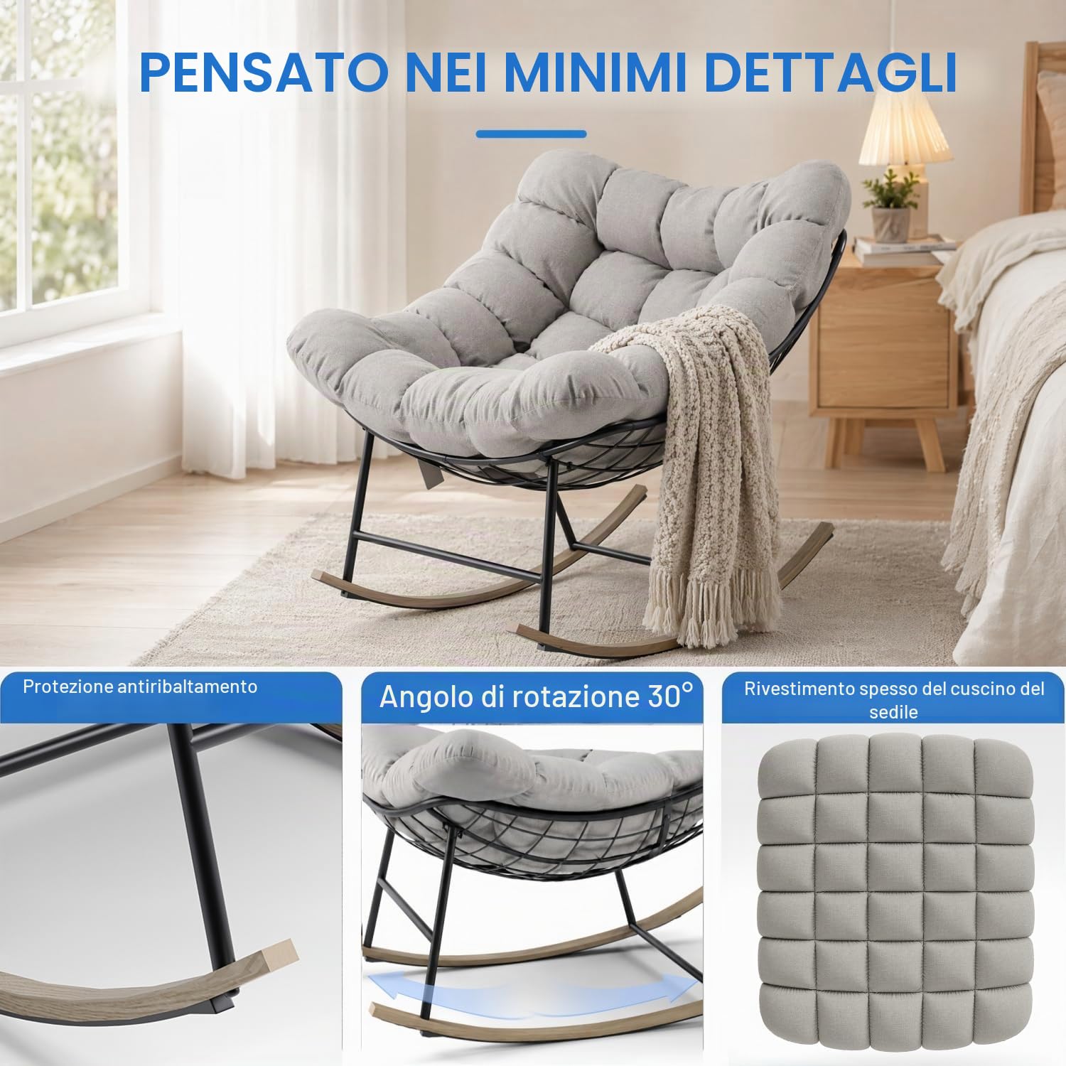 Sedia a Dondolo Esterno Oversize con Tasca Laterale per Soggiorno, Giardino | Poltrona a Dondolo Relax con Cuscino Imbottito, Struttura in Acciaio Portata 150kg Ergonomica per Interno, Camera da Letto