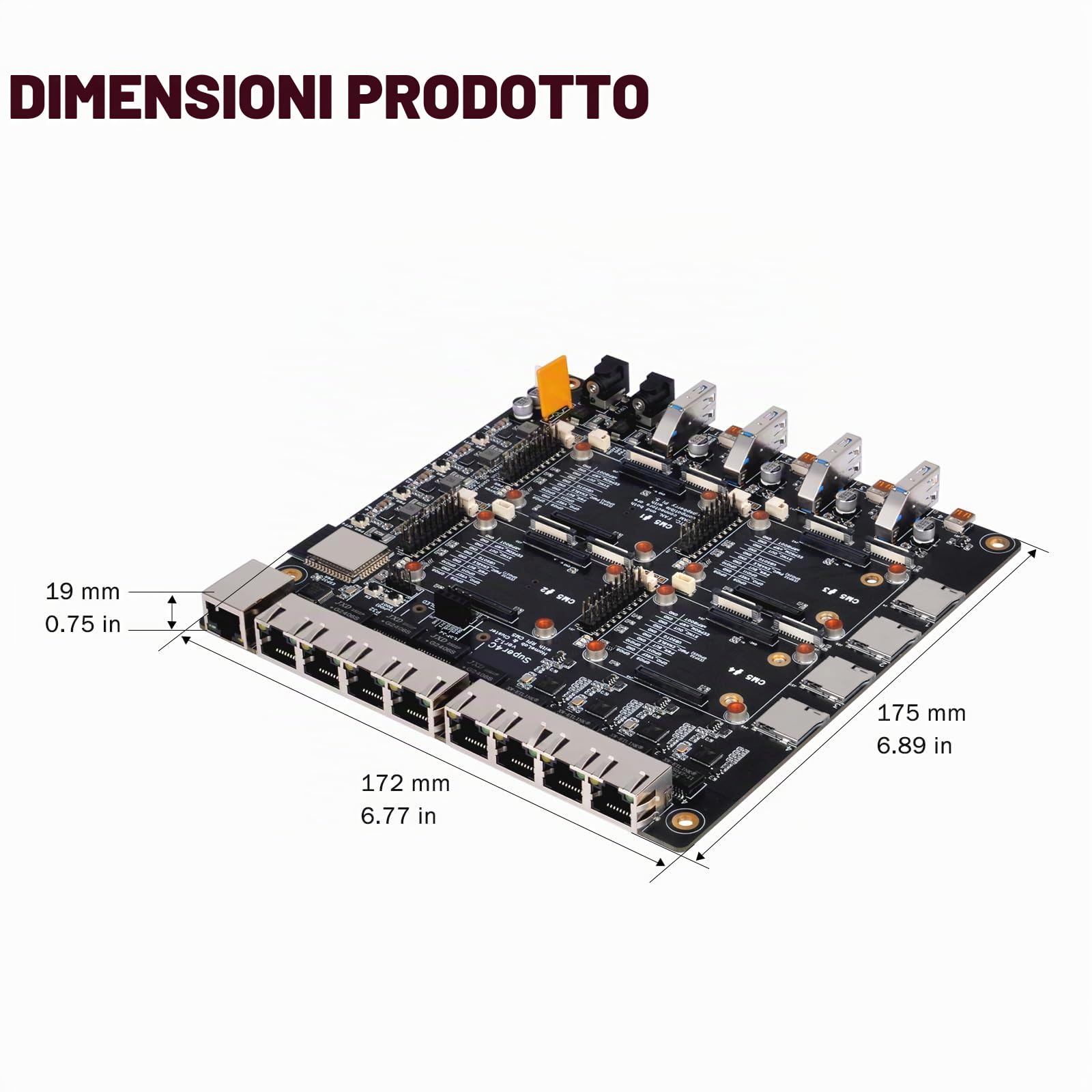 DeskPi Super4C per Raspberry Pi Compute Module 5, Cluster Mini-ITX Board Supporta 4 CM5, 2,5 GbE + rete 1 GbE, M.2 NVMe, montaggio a rack 1U, alimentatore da 89 W incluso