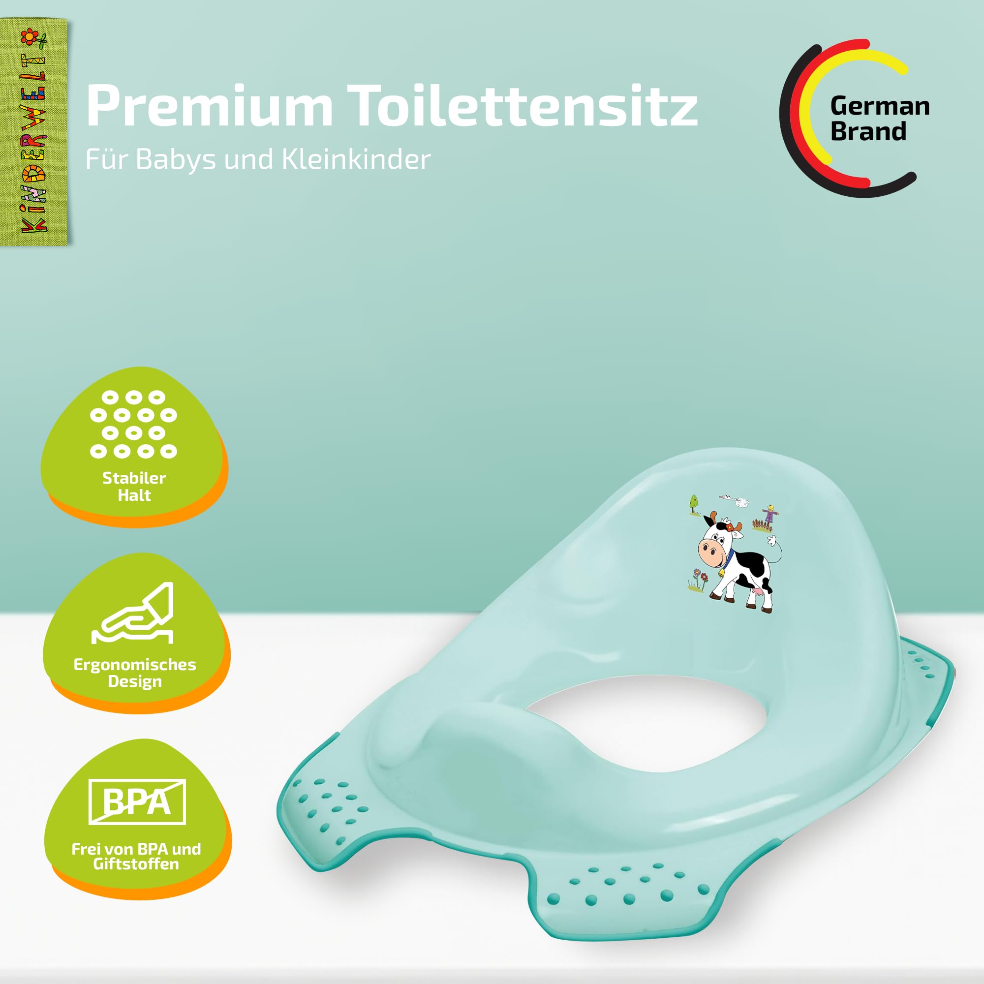 KiNDERWELT Premium Toilettensitz für Kinder und Babys, Funny Farm Design in Hellblau, Töpfchen für Kleinkinder ab 18 Monaten, abwischbar, rutschfest und BPA-frei