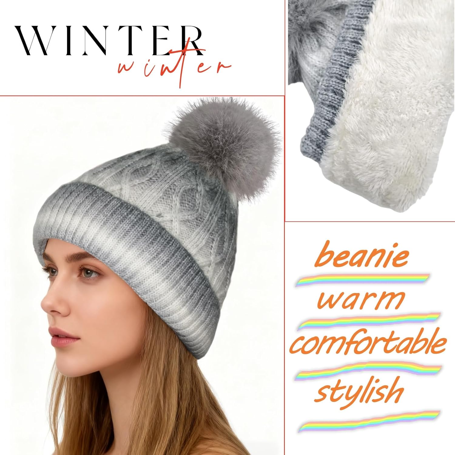 Women's Winter Beanie Hat -Cashmere Inner Layer Chunky Knit Pom-Pom Stocking Cap for Women Cold Weather - Image 3
