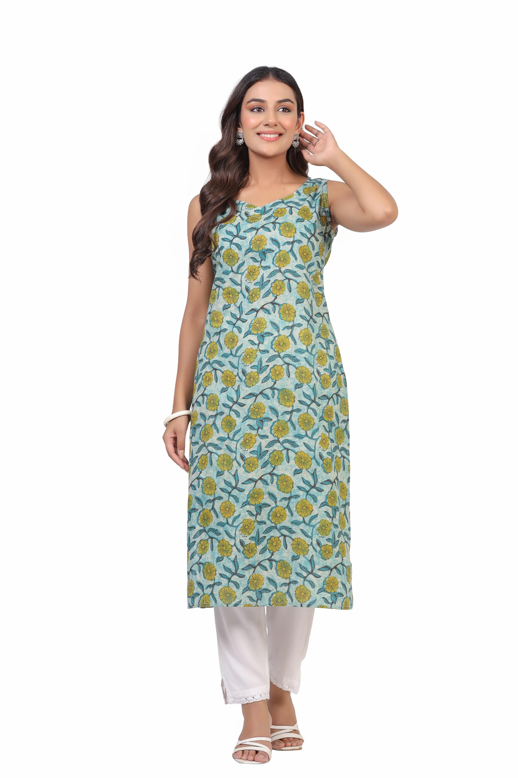 ichaa Women’s All-Over Printed Sleeveless Kurta | Straight Fit Ethnic Kurta | Round Neck Casual Ethnic Wear Kurta-picture-37
