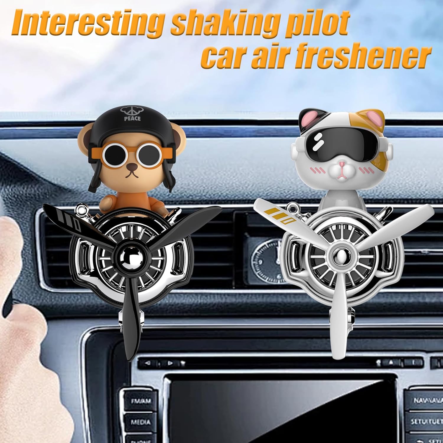 2Pcs Car Air Fresheners, Cute Bear Pilot Automotive Air Outlet Creative Car Perfume Diffuser, Automotive Accessories Air Vent Decoration with 8 Fragrant Tablets (Silver 3+Black 4)