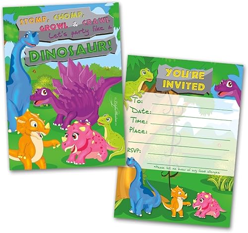 Leigha Marina Tarjetas de invitación de fiesta de dinosaurios para niños, 20 invitaciones y 20 sobres, rellena las notas de felicitación en blanco,
