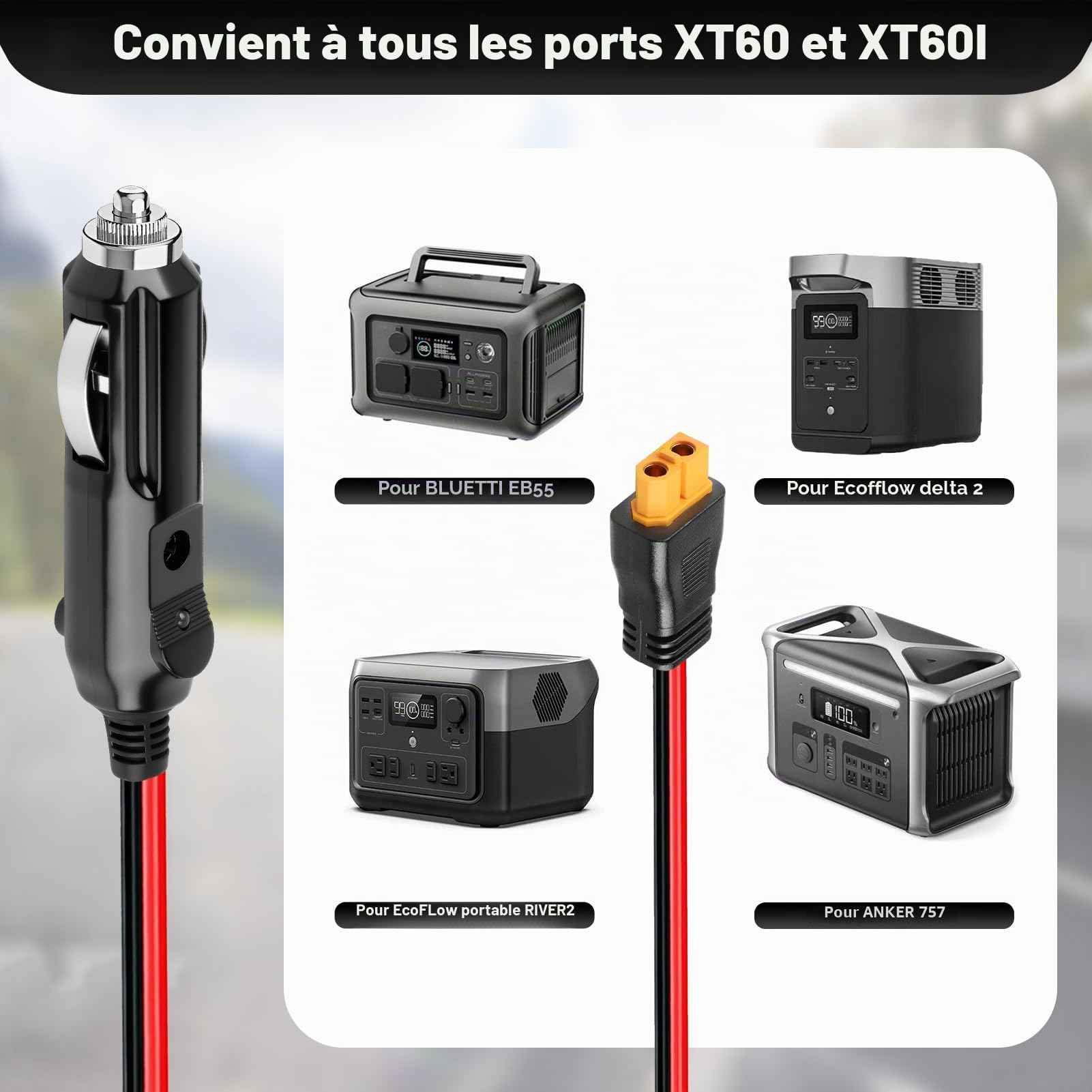 Câble allume-cigare 12 V/24 V vers XT60, adaptateur CC XT60 de 3 m, 16 AWG, chargeur de voiture pour BLUETTI Power Station EB55/AC2A/AC70, Anker 757/767, SOLIX C200 C300, générateur solaire Ecoflow