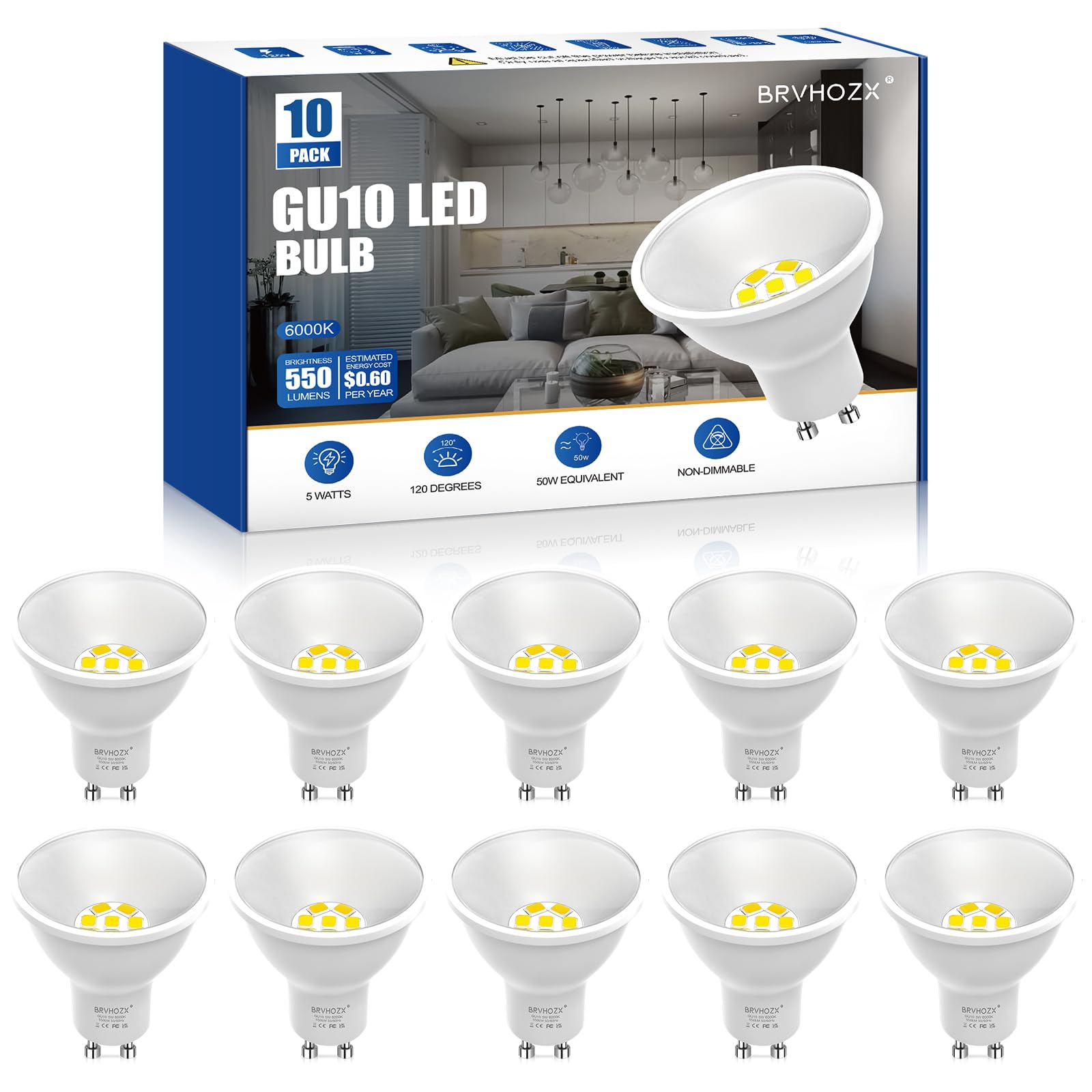 GU10 LED Light Bulb, 6000K Cool Daylight White, 5W (50W Halogen Replacement) 550LM, 120° Wide Beam Flood Spotlight, No Flicker, Non-Dimmable, AC 120V, Bi-Pin Base for Range Hood & Display, 10-Pack
