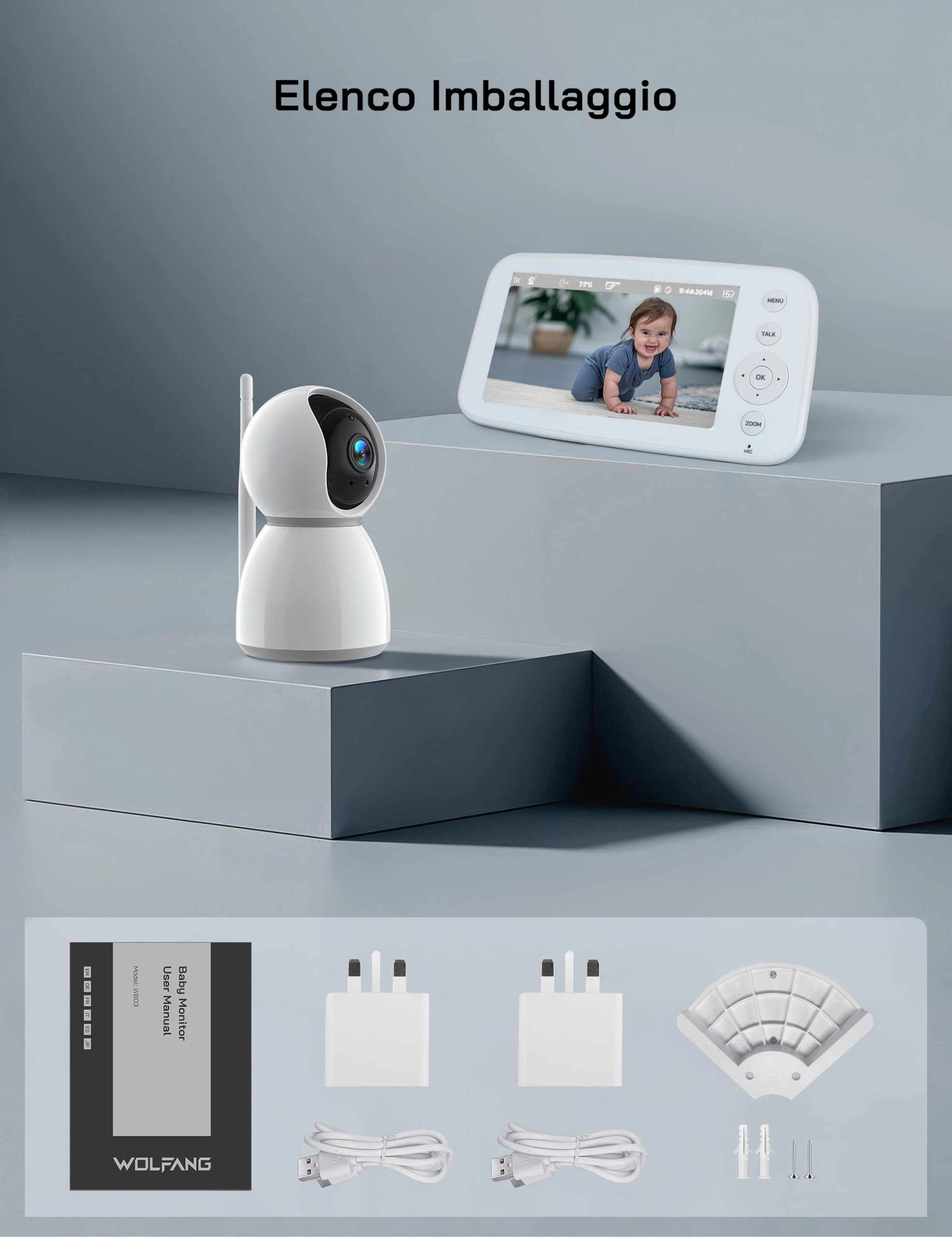 WOLFANG Baby Monitor Video e Audio, 5 pollici 720P Schermo, 360° 1080P Telecamera con Visione Notturna e Zoom, Conversazione Bidirezionale, Temperatura, Rilevamento del Pianto, Portata di 1000 Piedi