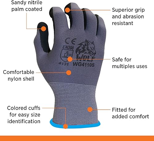 Miniatura 4 de WOLF - Guante ultrafino de espuma de nitrilo recubierto de palma con agarre de punto pegajoso, multiusos