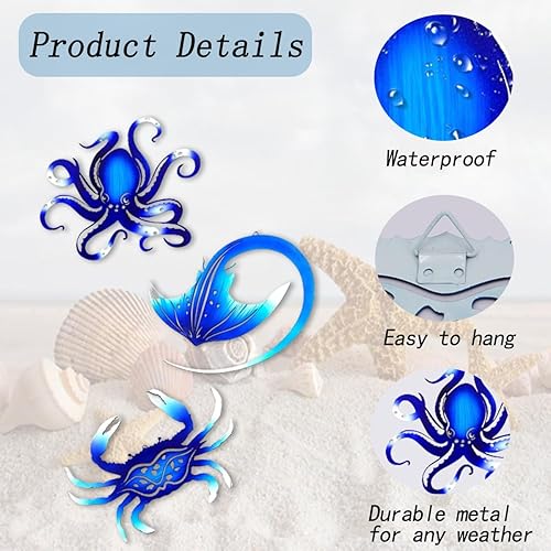Vista 6 de Weibefee Decoración de pared de metal, pulpo, cangrejo, manta raya, océano náutico costero, decoración de Navidad, conciso de 9 pulgadas, juego de 3