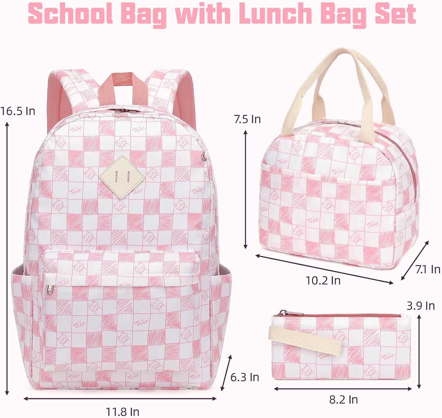 School Backpack for Girls, 3PCS Bookbags Set with Lunch Box Pencil Pouch Elementary Middle School Bag Laptop Back Packs (Cat Checkered Pink)