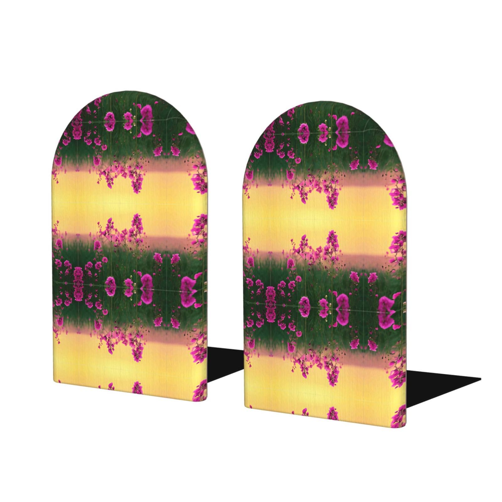 Flowers Stylish Bookends with Full-Print Design Durable Wooden and Metal Bookend Set for Home, Office