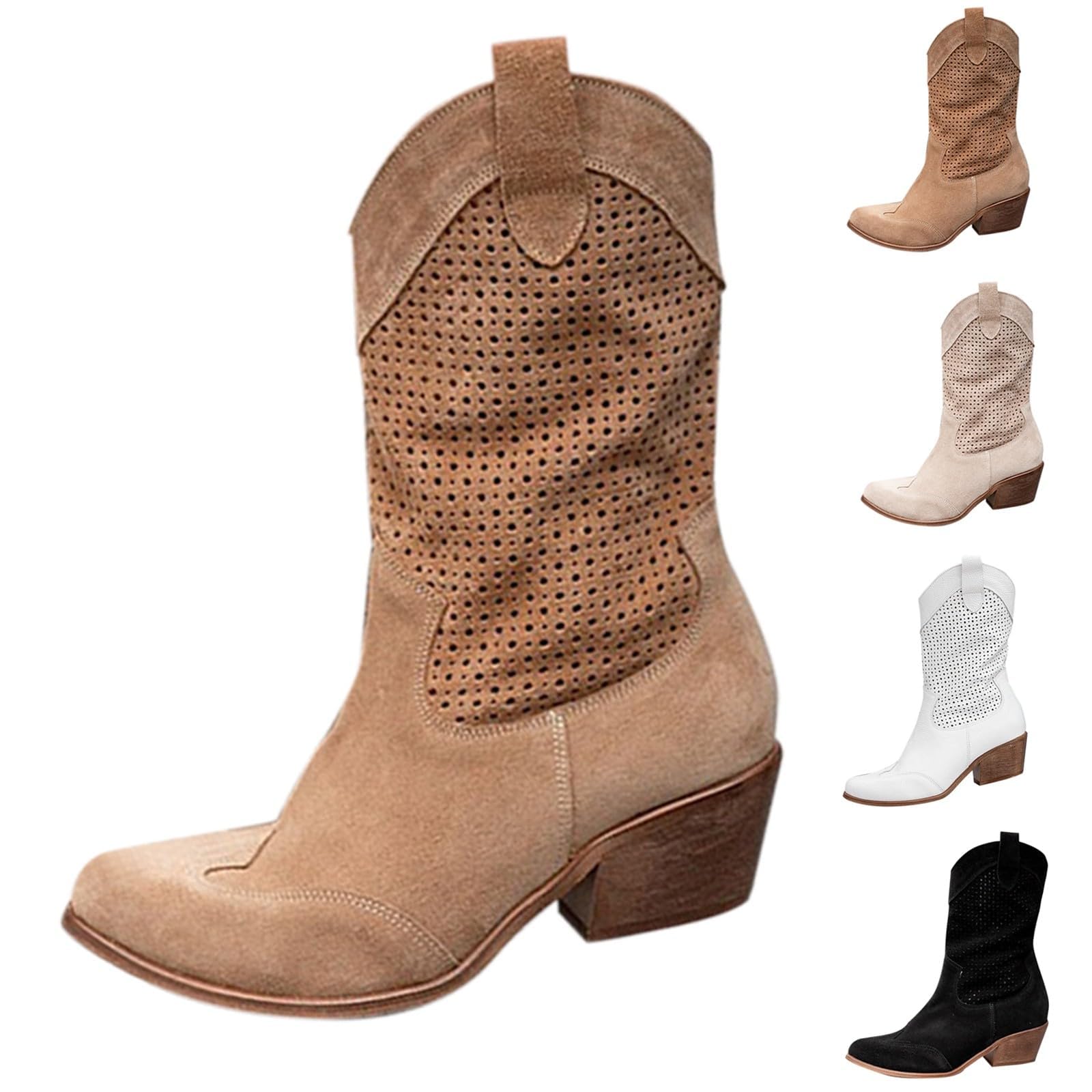 Bottes Femme,Santiag Femme, Demi Bottes En Daim Bottes,Occidentales Hautes Bottes,Pointues À Talons Bas Bottes, Mi Longues En Daim Perforé Chaussures Pour,Femmes Bottes Longues, Cowboy Stiefeletten