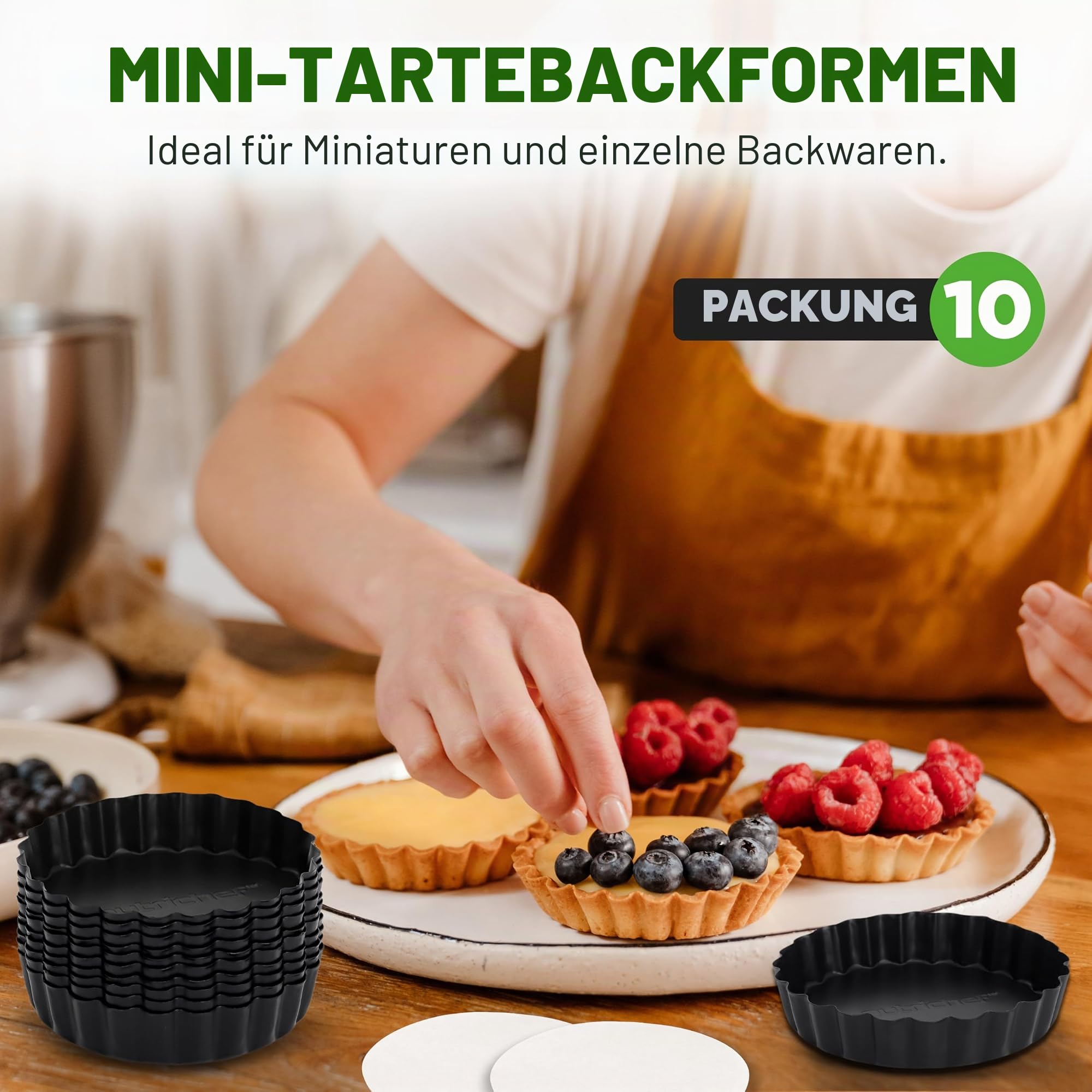 Nutrichef Tarteform Set – 10 Mini Tartelette Förmchen Ø10 cm mit Hebeboden aus Carbonstahl Antihaft Backform Rund, Inkl. 200 Backpapier Rund, Quicheform Spülmaschinen und Ofenfest