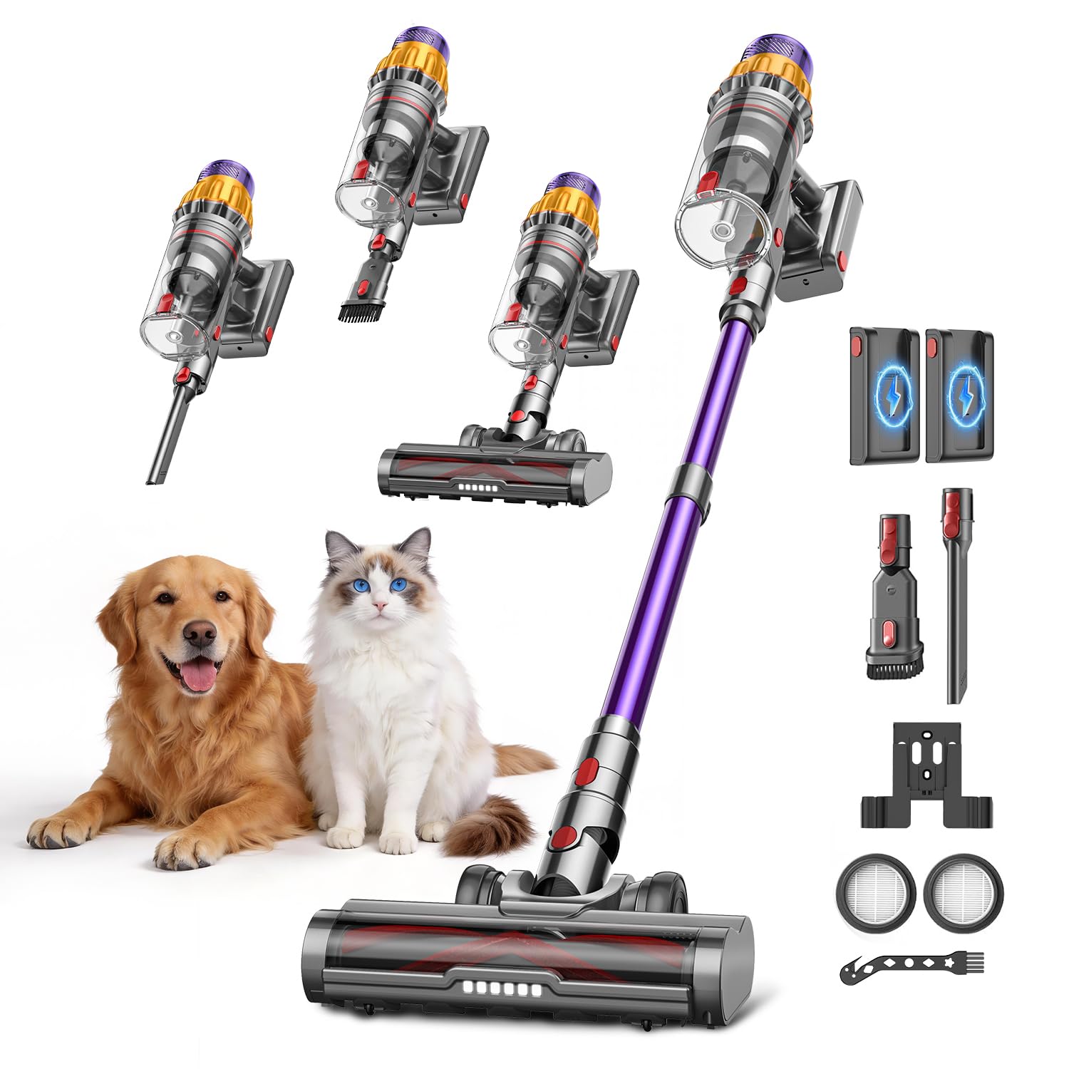 Aspiradora con batería para pelo de animales, V17Max 2 baterías de 150 min de autonomía, 58 KPA, 650 W, fuerte succión, cepillo antienredos, de pie, ligero, inalámbrico para apartamentos