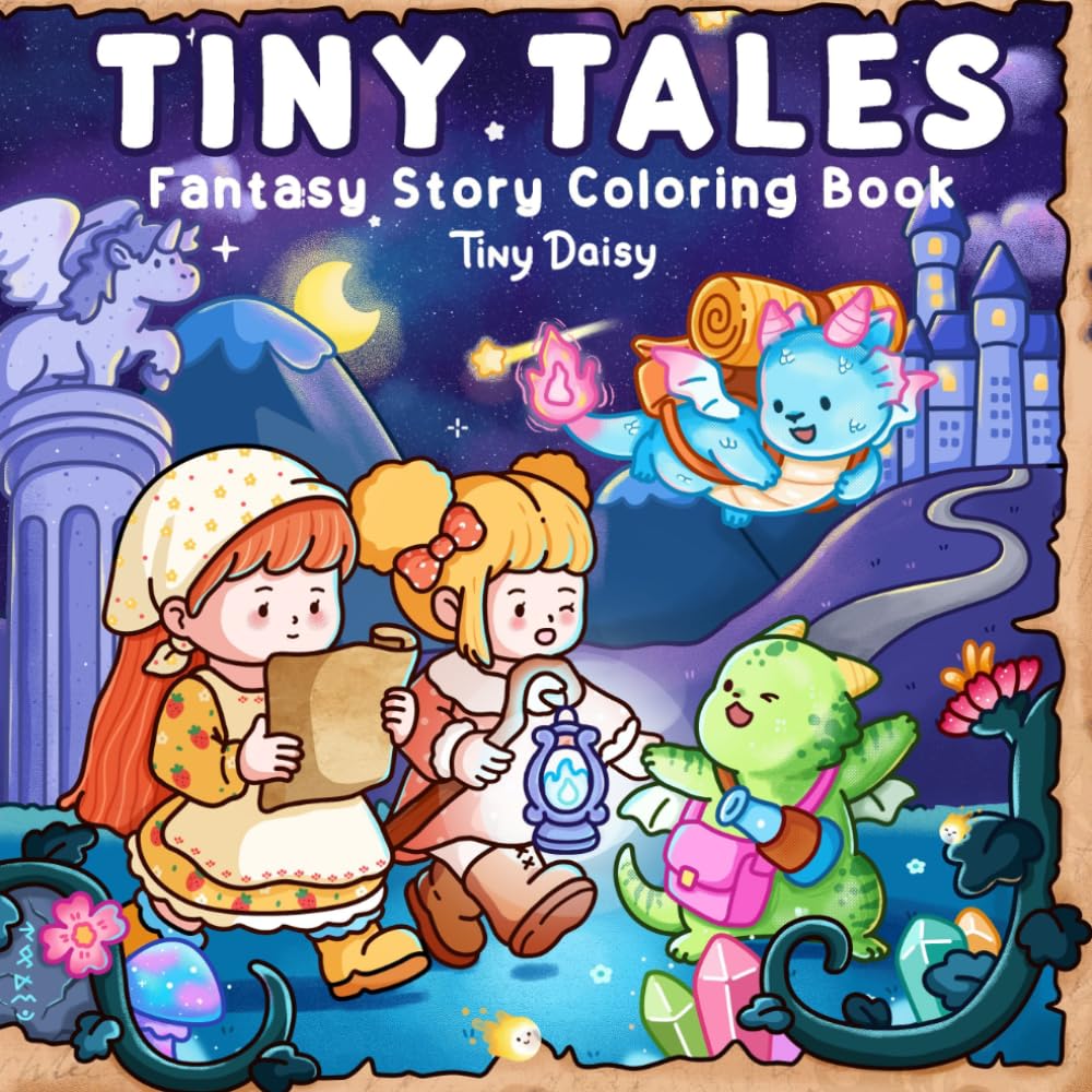 Tiny Tales Fantasy Story Coloring Book: Cozy Magical World with Cute Little Dragons and Girls in Comfy Moments for Relaxation (8.5x8.5 Size) - Night Cover Version