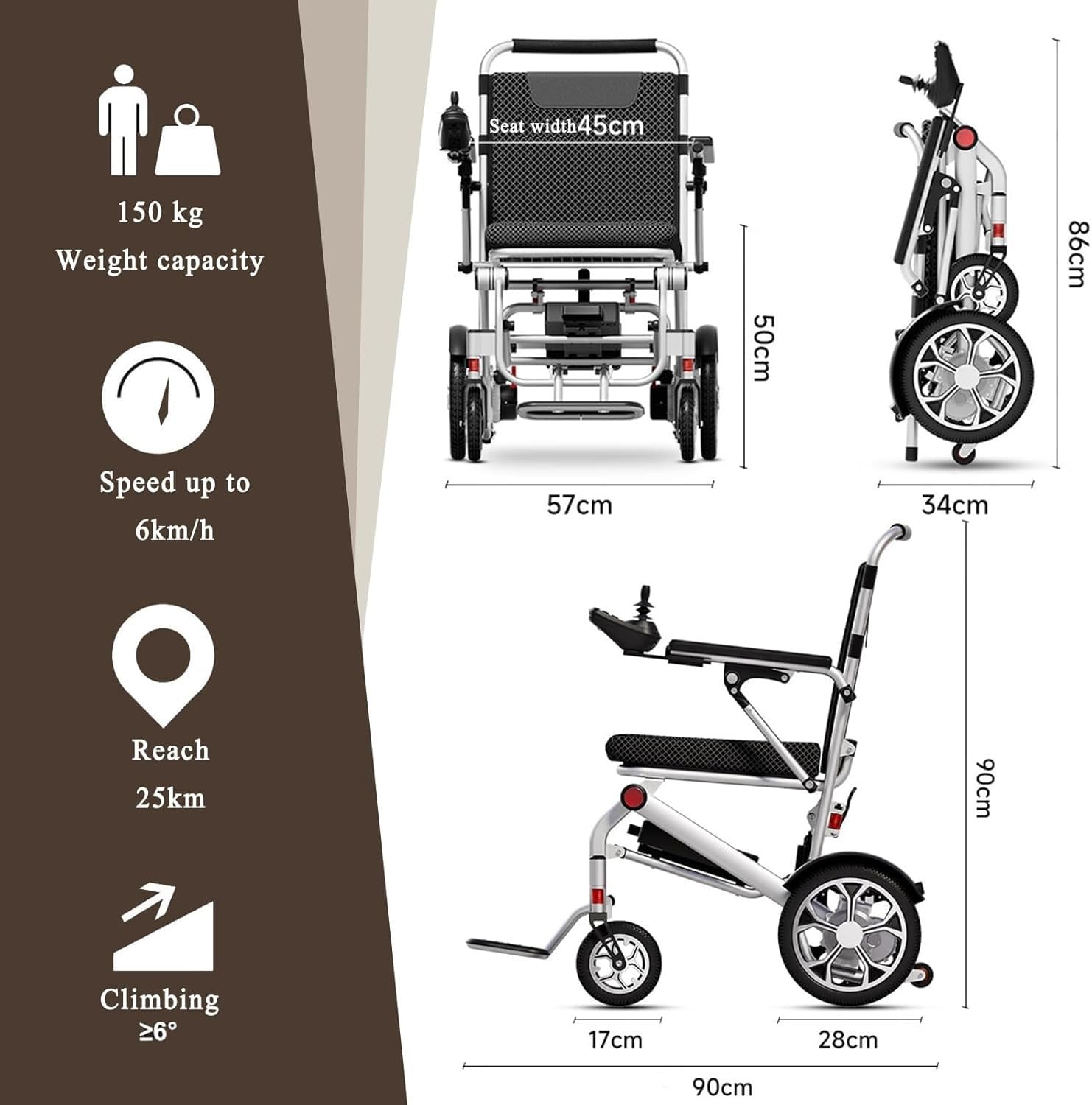 Sedia A Rotelle Elettrica Pieghevole Ultraleggera,Portata 150 kg,Leggera con Telecomando,Batteria agli Ioni di Litio 12 Ah,Sedia A Rotelle Elettrica Pieghevole per La Casa