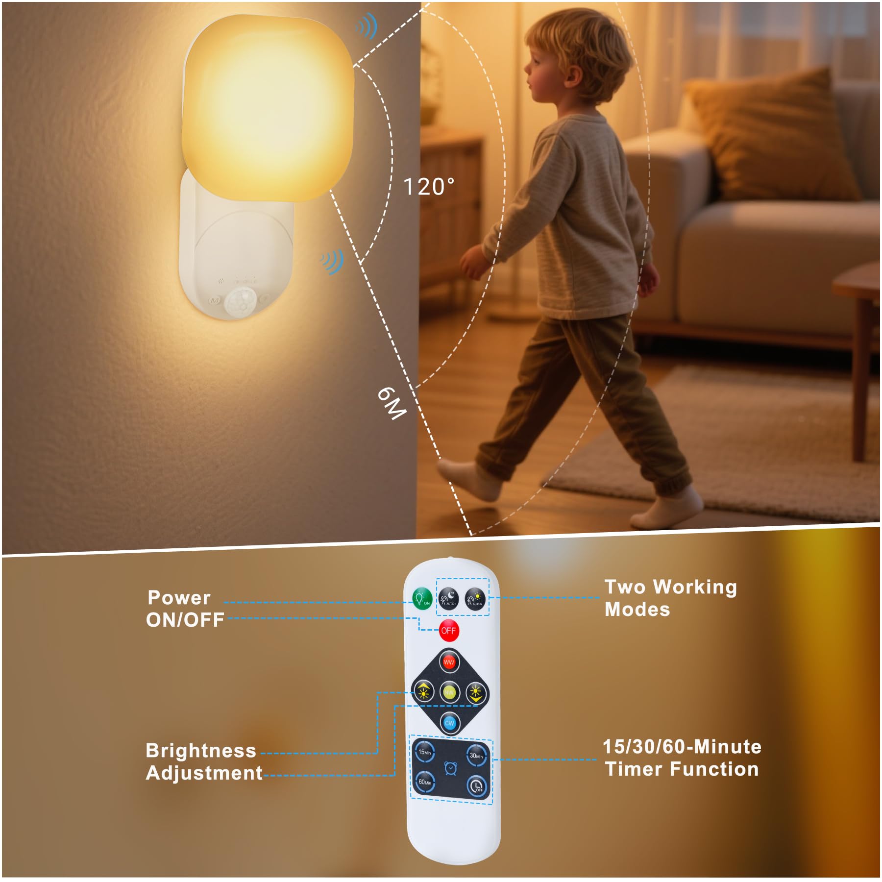 Cadrim Luce notturna con sensore di movimento, lampada da parete a batteria, per interni con sensore di movimento con batteria, 3 colori con sensore di movimento, 10 luminosità regolabile